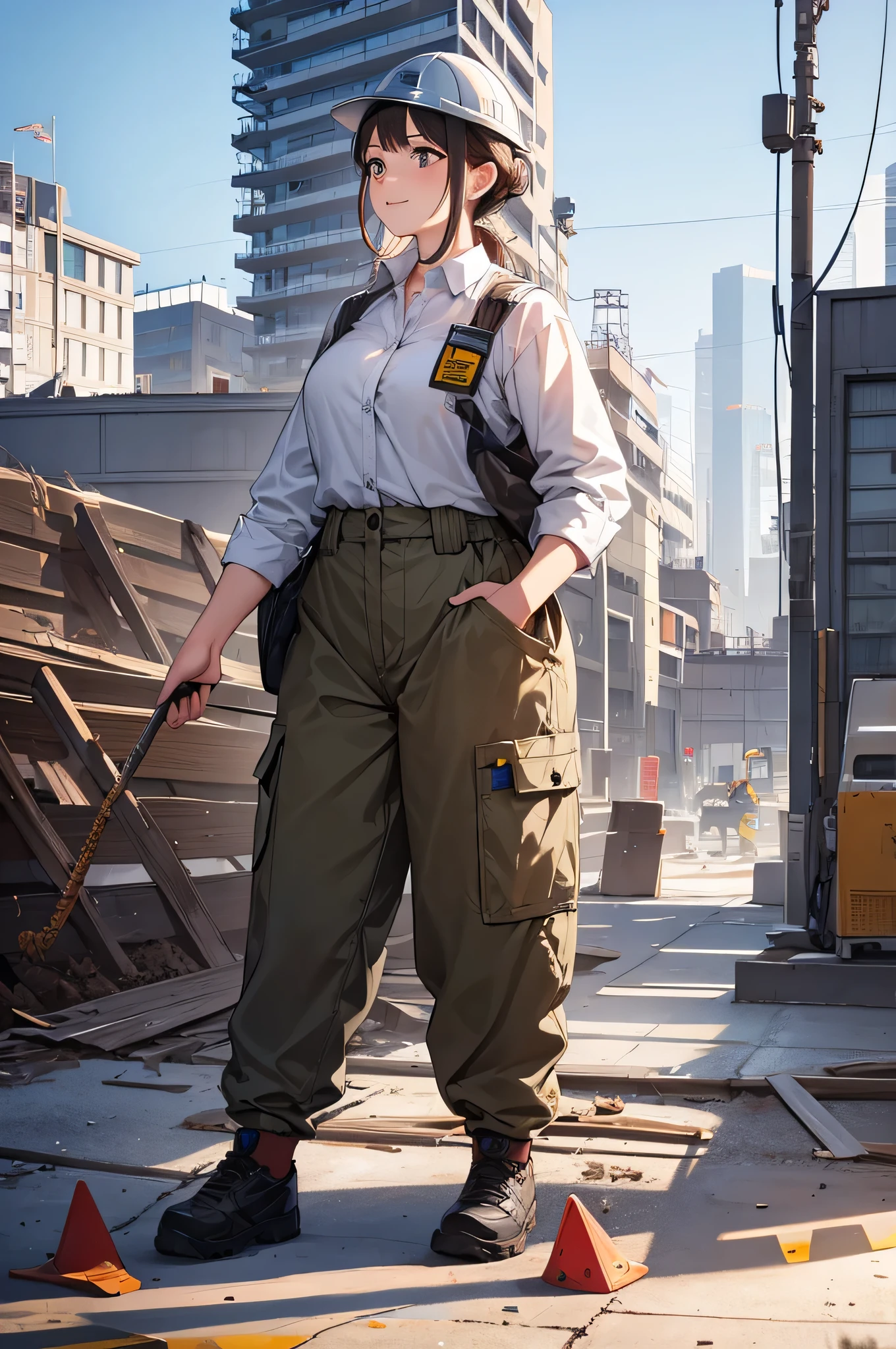 Top quality, Best picture quality, 1080p, 8K, Masterpiece, First class, (Perfect Face), Front view, (Full body), Woman in her 20s, (Perfectly formed face), Brown hair, Blue sky and white clouds in background, Kyoto animation style, Farmer, Personal, Health, At construction site, Long sleeve shirt, cargo pants, wearing safety helmet, Hand Strong Path,(High Quality,Farmer,Individual,Health),(Attention to Detail: 1.1),(Perfect Face: 1.1),(Attention to Detail: 1. 1) (High Resolution,4 K,Best Quality: 1.2),Highly detailed,(Realistic 1. 37),Large Construction Site,Professional,Industrial Lighting,Vivid Colors,Blurring,Strict Atmosphere Construction Worker],[City],[Dynamic Pose],[Powerful Construction Method],[Safety Equipment],[Concrete],[Crane],[Dust and Debris],[Blueprint],[Construction Equipment],[Steel Frame],[ helmets],[military gloves],[scaffolding],[construction site signs],[noise and activity],[yellow caution tape],[sunlight and shadows],[busy workers],[dirt and mud],[construction vehicles],[workers], Hope this professional prompt helps you create beautiful detailed images of these girls working on a construction site (1), (clear horizontal plastic employee ID with red string around neck), successful, business casual, big smile with mouth wide open