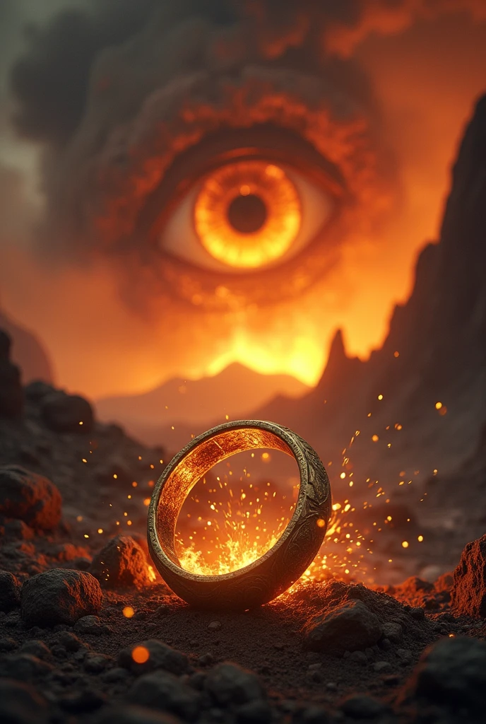 A dramatic scene inspired by Lord of the Rings featuring a volcanic eruption in the background, with a giant eye of Sauron looming ominously above. In the foreground, a shining golden ring is prominently displayed, capturing the fiery light from the eruption. The atmosphere is intense and filled with smoke and ash, creating a sense of danger and adventure. High detail, fantasy art style.