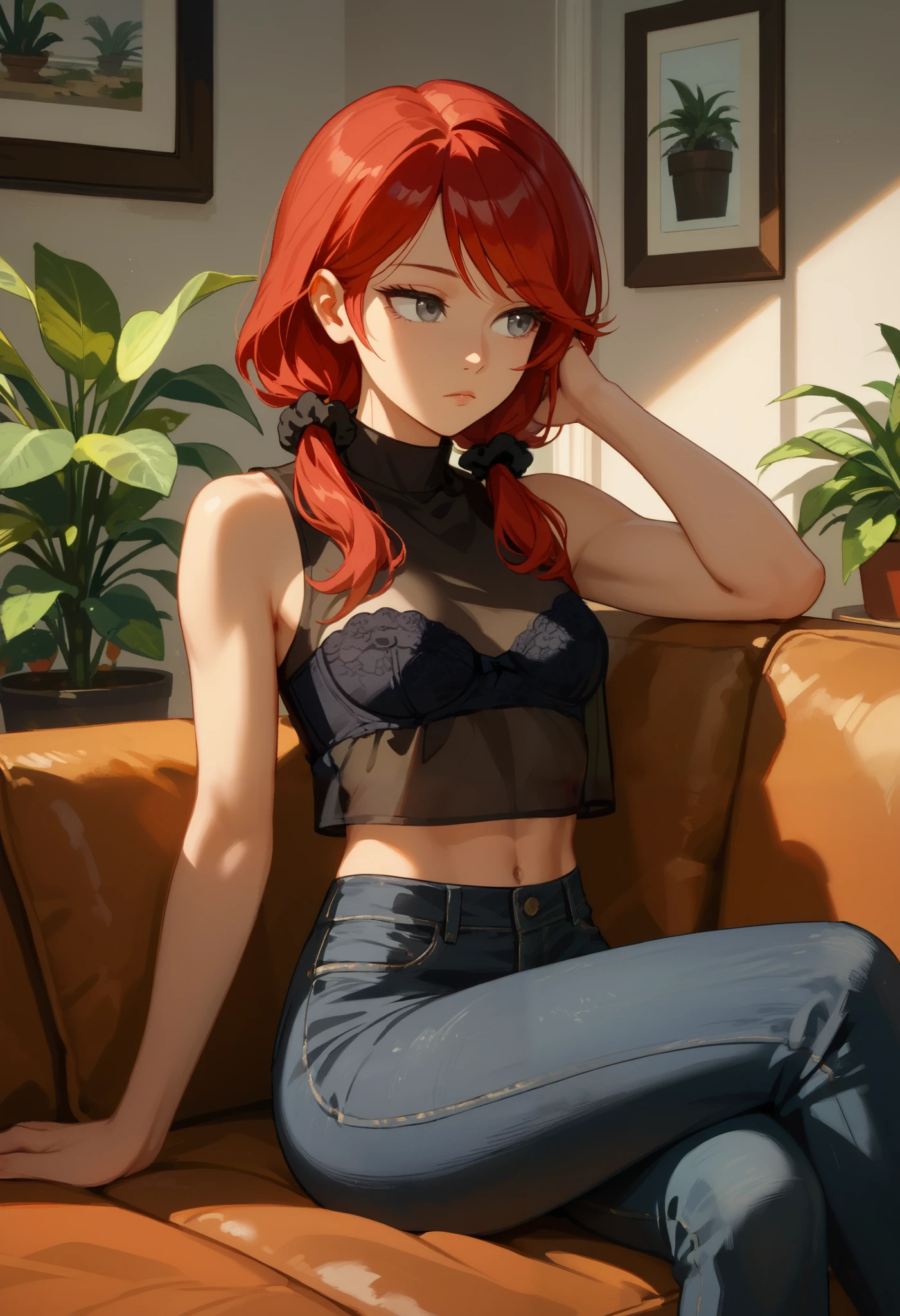 (masterpiece, best quality), solo, 1 expressionless girl, looking to the side, beautiful face,  ((Gray eyes, red hair, swept bangs, low twin tails)), hair scrunchie, ((transparent black sleeveless shirt, black jeans)), small breasts, slightly toned arms,sitting, taking off shirt, strapless bra, living room, sitting on couch, potted plants, legs crossed, 