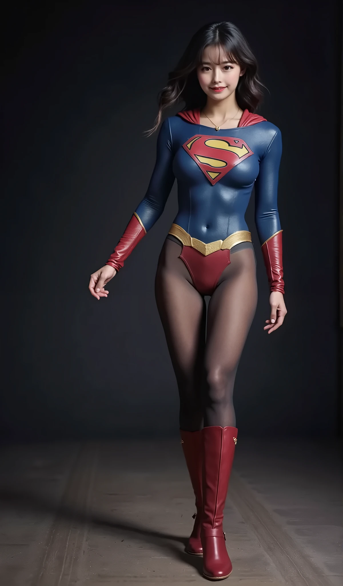 background 、((( Depicting beautiful legs in black tights .)))、((( Legally express the beauty of your smile )))、(((( make the most of your own original image )))、((( Rolling backwards in a supergirl costume )))、(((ボディにフィットした Rolling backwards in a supergirl costume )))、(((Short beautiful hair)))、(((A smile and a wink )))、(((Please wear black tights....、Wear red boots)))、(( top quality、8k))、(( top quality、8k、 masterpiece on penis :1.3))、(((Save the background )))、 Strong concentration:1.2、 beautiful woman with perfect figure in a traditional Japanese room sitting on tatami mat :1.4、 slim abs :1.2、 High resolution face and skin texture 、8k