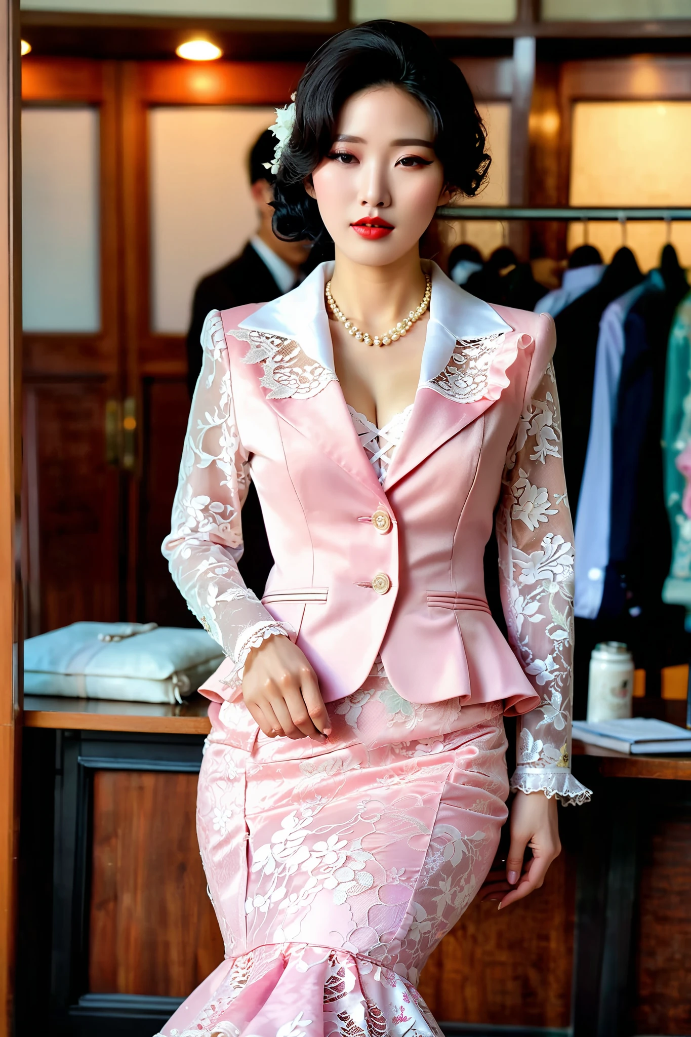 A Korean man in ladies vintage suit dress, he is crossdresser, big breasts like a woman, slender female body, His hairstyle is short and manly, white and pink, long sleeves, Rich lace and frills, cropped jacket, mermaid skirt, tweed