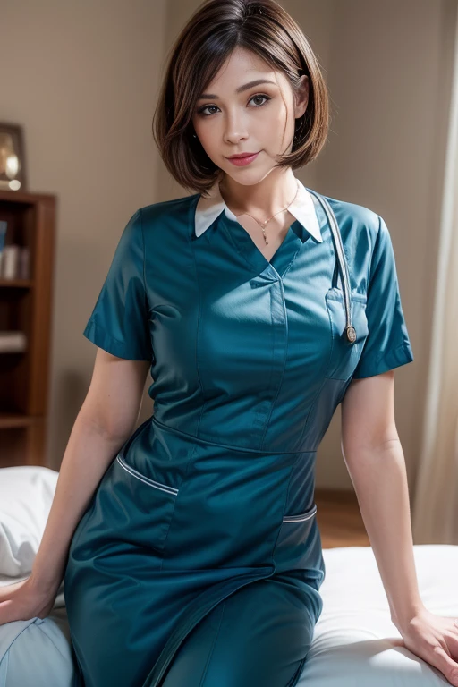 (3 Ultimate Beauty Nurse)、{{{masterpiece}}}， {Oh oh oh, Oh, really：1.2}， best quality， official art， Highly detailed CG Unity 8k wallpaper， The facial details are very rich、delicate lips、delicate eyes、double eyelids、((red bob hair))、(Nurse:1.3)、(charming figure)、(huge)、（（Open your mouth and smile： 1.8， cute smile： 1.8））， solo， Short hair details， vibrant smile， blue eyes，with eyes_Tokar， {Beautiful detailed gradient eyes}， red lips，thigh, thigh, thigh, perfect fit, Perfect Image Realism, background with: (hospital ward:1.2), cow boy shooting, Detailed background, detailed clothing, Wear a nurse hat，Wear Nurse Clothes，perfect lighting、Surreal、(Realism:1.4)、8K maximum resolution, (masterpiece), The content is very detailed, professional，