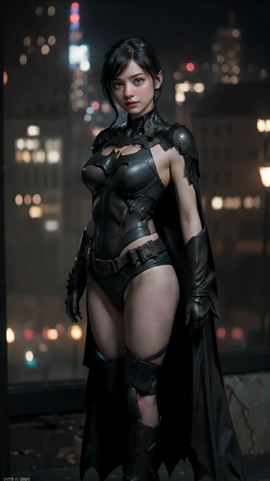 ((masterpiece, highest quality, High resolution, Realistic, to be born, 8k wallpaper)),Standing in a bikini,maika monroe batgirl, (Standing in Honor　shot）,Facing the camera in a threatening pose, Very hot and sexy, Amazing beauty, Perfect balance, Beautiful body, Slim body beauty: 1.4), Batman standing on a rooftop overlooking the city skyline at night, Gotham city background, nighttime in Gotham city, Gotham city, From the movie Batman, Gotham city double exposure, Gotham city style, Batman film still, metropolis filmic Gotham city, Cyberpunk Batman, Batman movie stills, Batman movie still cinematic, Gotham setting, Batman, Gotham,