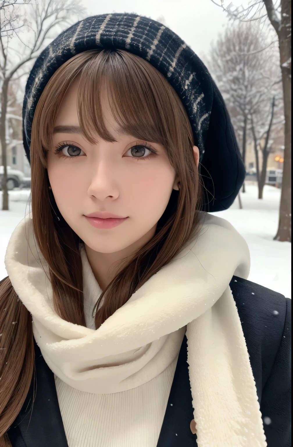 1 girl, bara_trees, Brown_eye, Brown_hair, building, coat, cross_earrings, earrings, body hair, Grooming_coat, body hair_collar, body hair_bandana, body hair_trim, jewelry, lips, Shorthair, olhando_Stelle_audience, outdoor, snow, snow, bara, trees, upon_body, winter, winter_clothes, Detailed_eye,Big breasts, Arms close together., Chest facing the camera, large, ears out, Golden Ratio Face, Golden Ratio Body, bestquality, ultra-high resolution, bangs