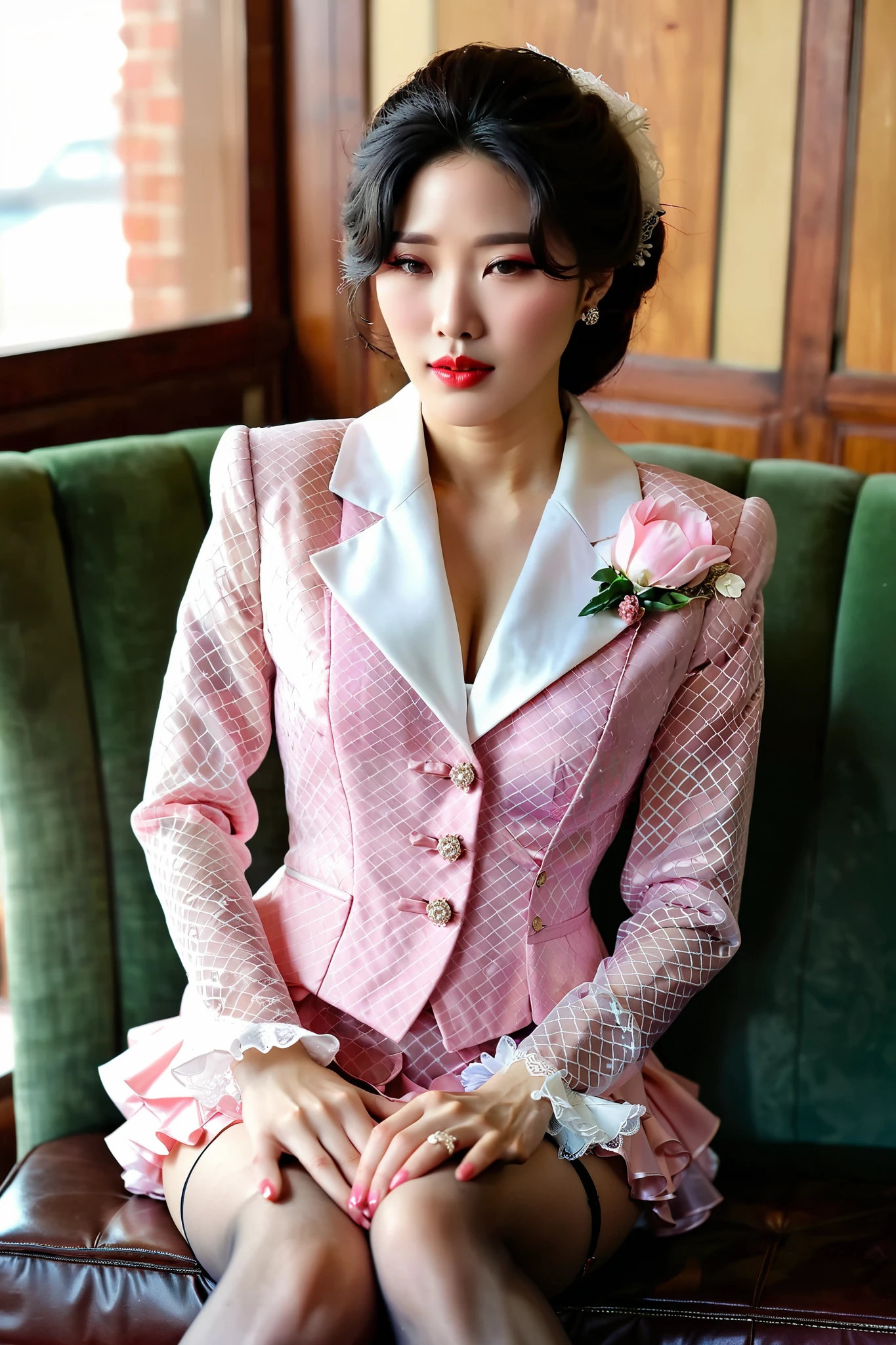 A Korean man in ladies vintage suit dress, he is crossdresser, big breasts like a woman, slender female body, His hairstyle is short and manly, white and pink, long sleeves, Rich lace and frills, cropped jacket, mermaid skirt, tweed, sit quietly