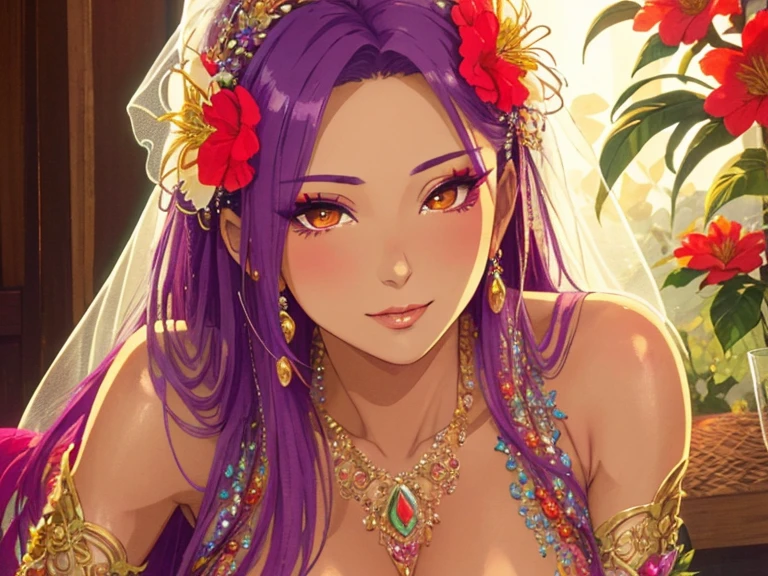 A coloured mild-tan mature hottie bride!, glass-flower-themed with long hair, overflowing kindness, decent makeup!, realistic and detailed, best quality, otherworldly splendor, inspired by pretty sexie Seira Sodeshiro. relaxed, captivating visial story, proper proportions!, casual look!, oil color fidelity!, colourful photoimage, make viewer interested,
