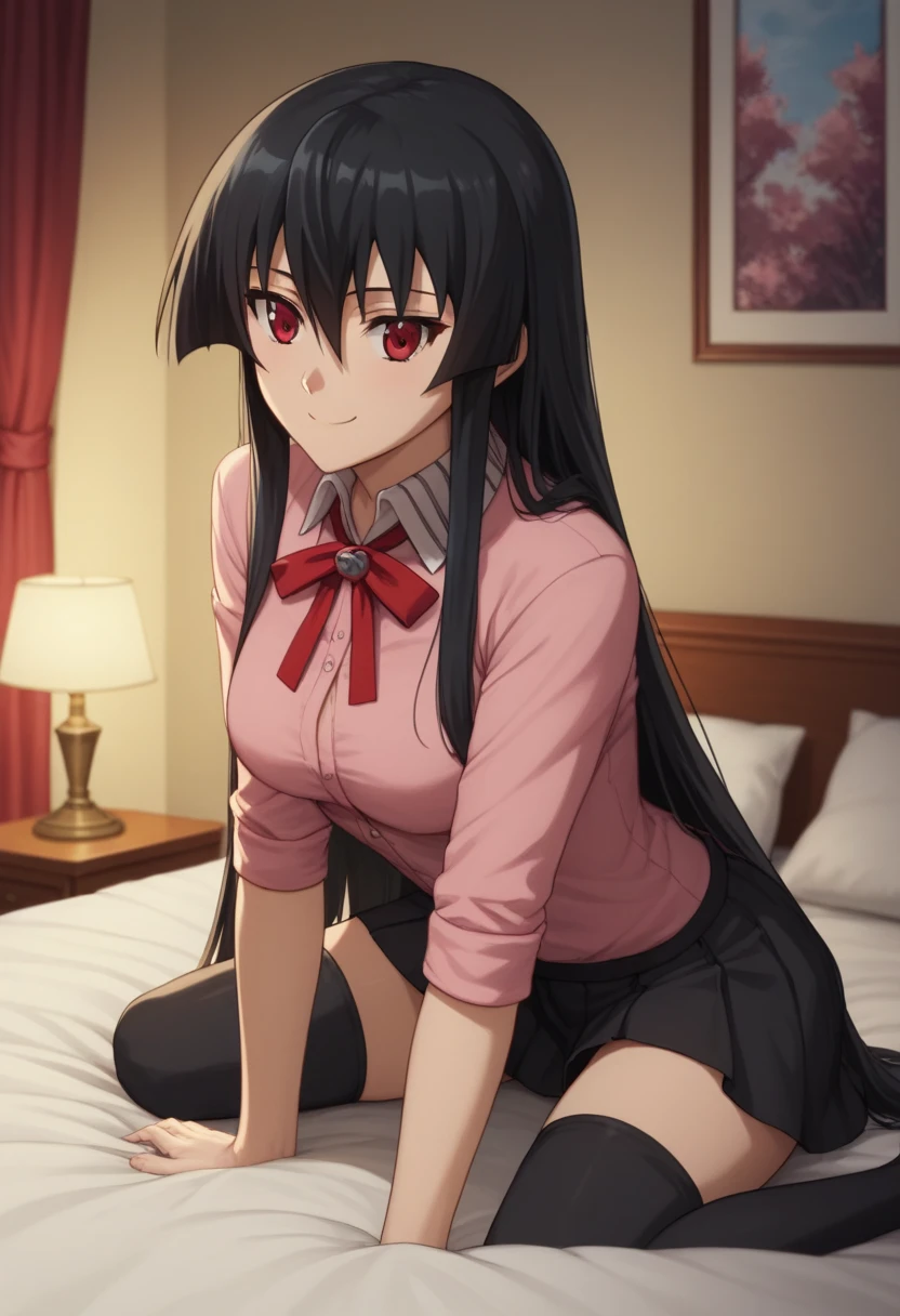 1girl,solo,akame, long hair, black hair, red eyes, hair between eyes, smiling ,jirai kei, pink shirt, neck ribbon, black skirt, black thighhighs, zettai ryouiki,siting,on bed , indoor ,bedroom , windows,curtain,lamp