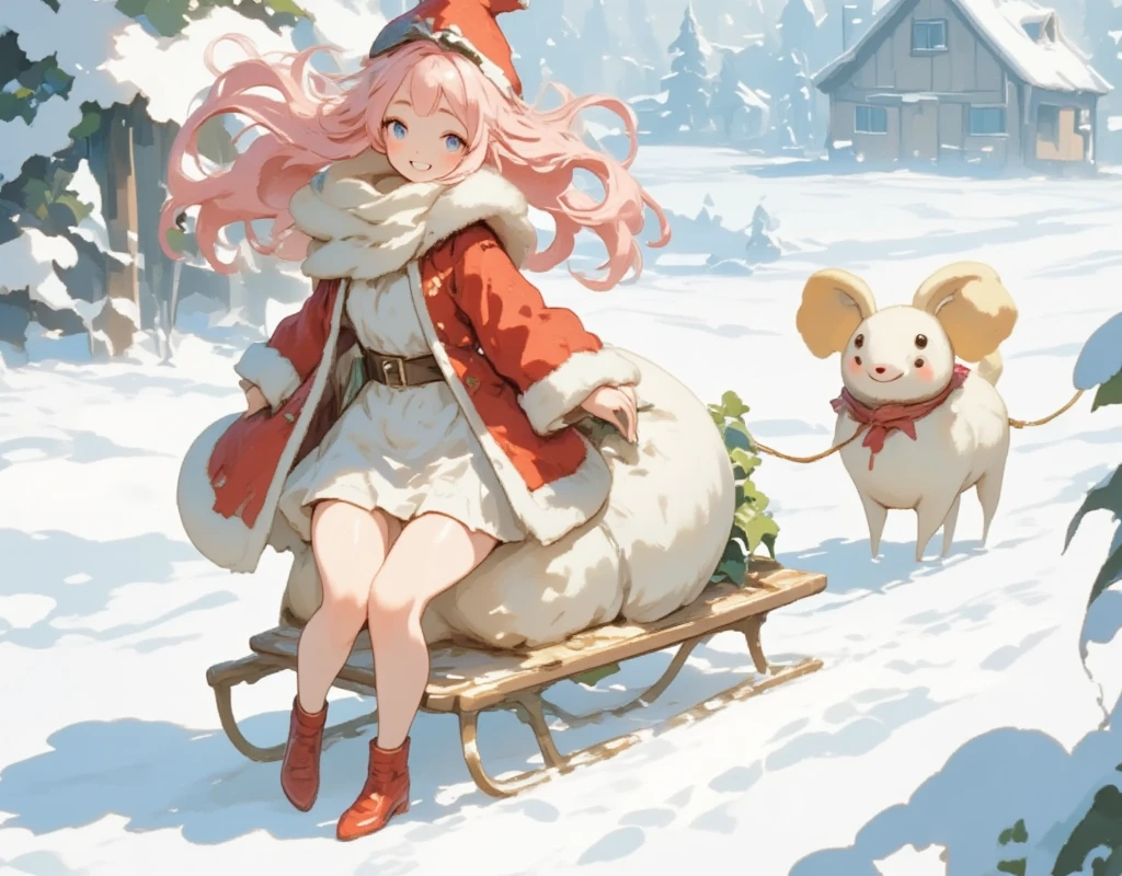 (UHD, best quality,  highres icon), 1girl,  long pink fluffy hair pulling a sled, Thick eyebrows, smile,  Santa clothes in a mini skirt ,  carrying a white bag , Red Boots BREAK Daikon and Mandragora are pulling sledding