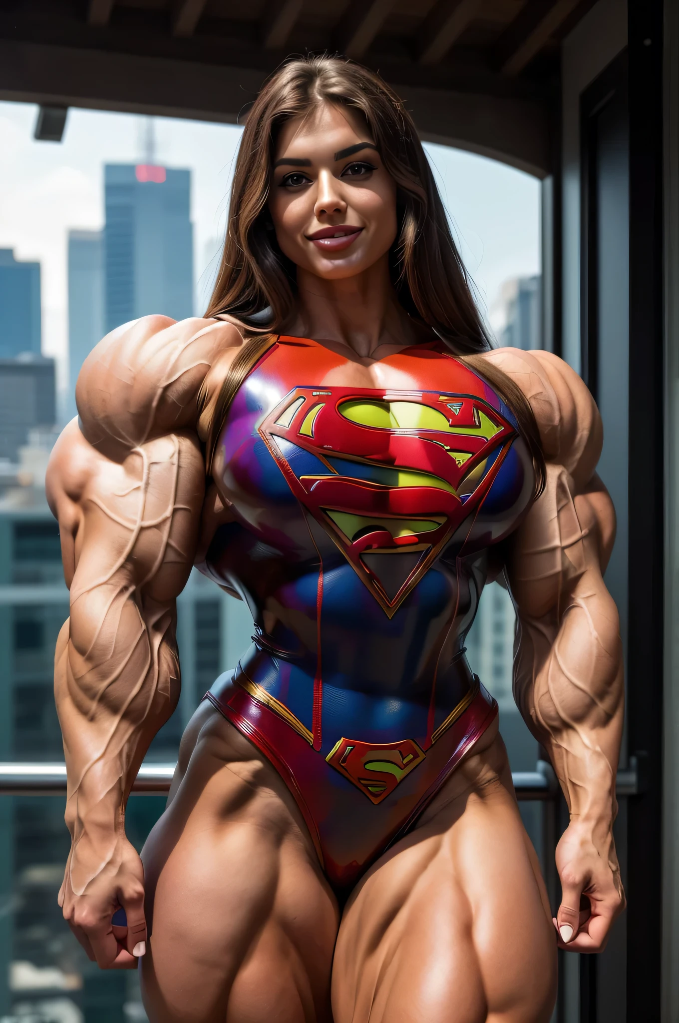 (Muscular:1.9), (thick thighs1.9), (muscular chest and shoulders:1.5), FEMALE, brown hair, long brown hair, (big smile:1.6), (wearing flowy loose sundress:1.5), (looking at viewer:1.5), (three quarter view:1.2), upper body view, (park:1.5), dark lighting, detailed skin, detailed eyes, (dark lighting:1.3), (dark skin:1.1), (very thin waist:1.7), (huge round muscles:1.9),