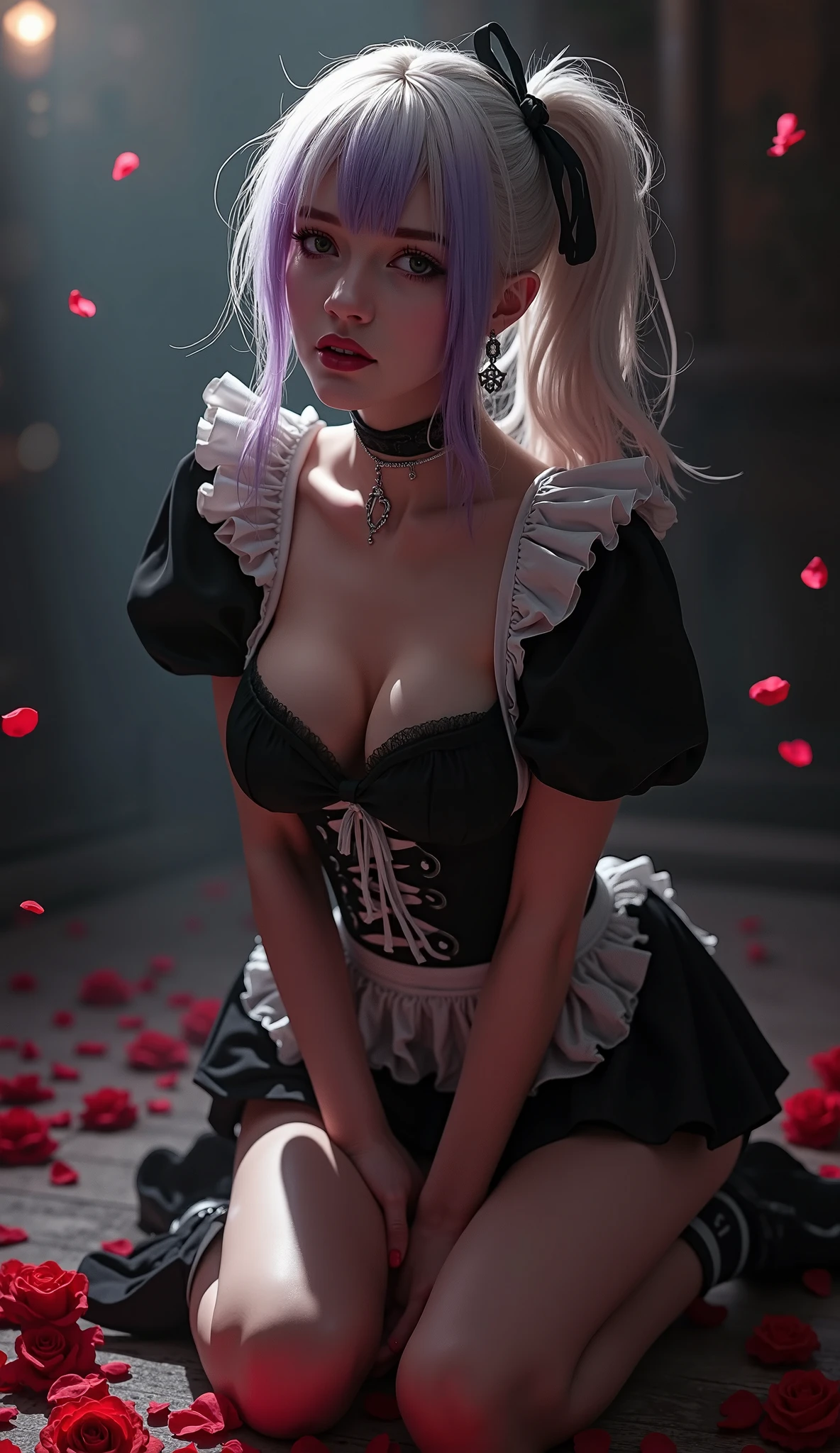 Portrait of a beautiful girl, white hair、(Mohican:1.5)、(Both side buzz cuts:1.2)、Lilac eyes、Bustier Dress、Raw feet、Alfonse Mucha, Hyper-Realism, drop shadow, depth of fields, Character Chart, hight resolution, awardwinning, masterpiece