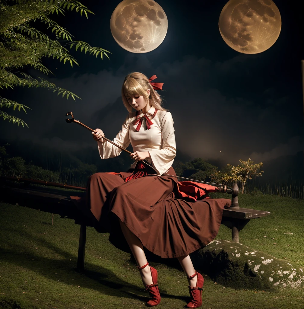 A girl, satsuki rin, playing the erhu on the bamboo forest. Night, blue mist background, fog, big moon, full moon, hair bow, ribbon, long sleeves, red skirt, blonde
