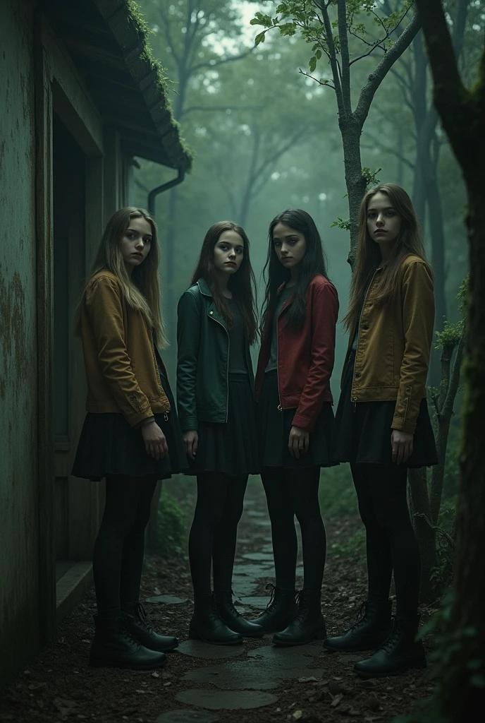 GIRLS CHILDREN REDHEADS WITH STRAIGHT HAIR, WITH TORCHES OF FIRE IN HAND, RED BACKGROUND, BLOOD ON THE WALLS.