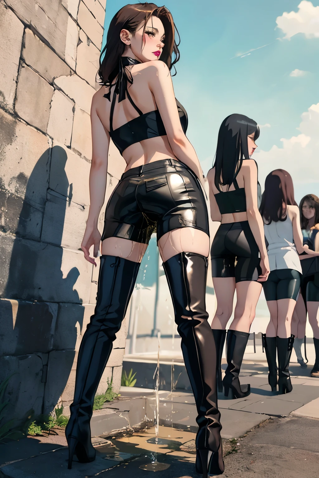 anime, best quality, high quality, highres, beautiful women, high detail, good lighting, lewd, hentai, (((bike shorts))), (leather halter top), (bare midriff), (cameltoe), (((leather thigh high heel boots))), (bare thighs), (wet shorts), (((wetting herself))), (((peeing herself))), (((peeing self))), (pee streaming down legs), peeing stain, (puddle), (thick thighs), nice long legs, lipstick, pretty face, ((in city park together with group of many beautiful lesbian women holding each other)), hihelz