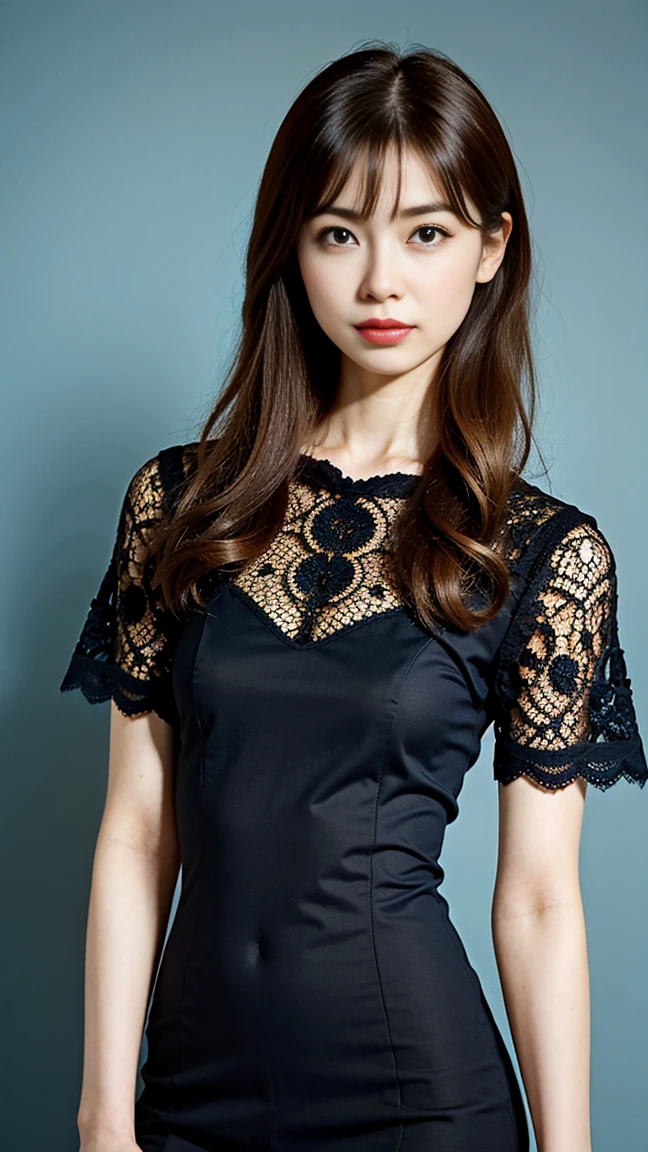 digital portrait、realistic depiction of the human body、RAW photo、one girl、gentle gray eyes、plump lips、An ennui look、small breasts、shortcut、(((Elegant black lace style dress、Dense and artistic lace black line dress、pretty dress、Super Luxury Dresses)))、highest quality、super resolution、masterpiece:1.5、medium depth of field、50mmlens、cinematic lighting、Backlight、professional photographer、