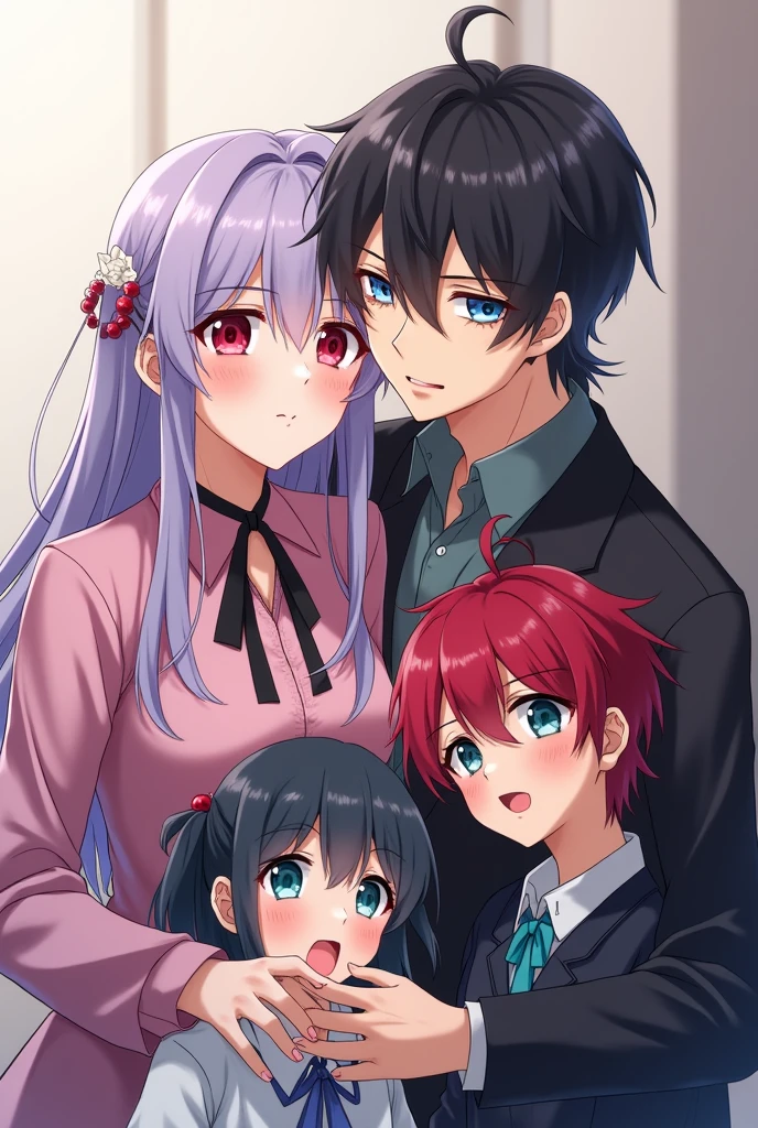 A pretty anime lady, a lady wearing a business attire, a girl with long violet hair, and red crimson eyes, is looking at you in cold manner while holding a her little boy 6 years old child , human.
