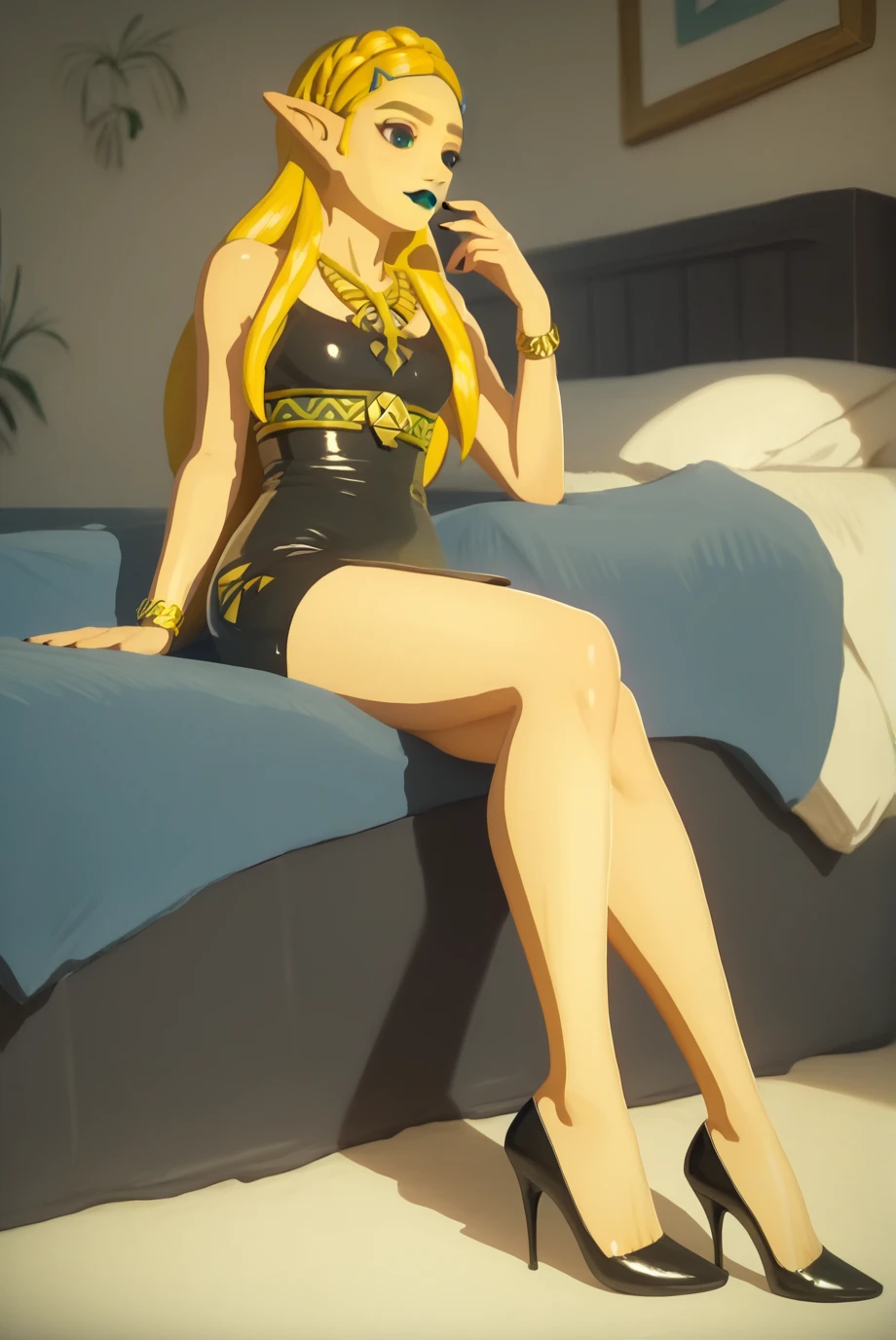 Score_9, Score_8_up, Score_7_up, Score_6_up, Score_5_up, Score_4_up, BREAK источник_anime,  1girl, one,  ChopioZelda,  blonde hair ,  aquamarine eyes ,  pointy ears ,  medium chest ,  long hair, latex black very short sexy dress, bare legs , gold bracelet,  black high-heeled shoes , whole body, lock,  bedroom,  sexy facial expression ,  closed mouth , happy, red, black lipstick, The second girl ,  sits on his knees, fedom feet, kisses Zelda's heels,