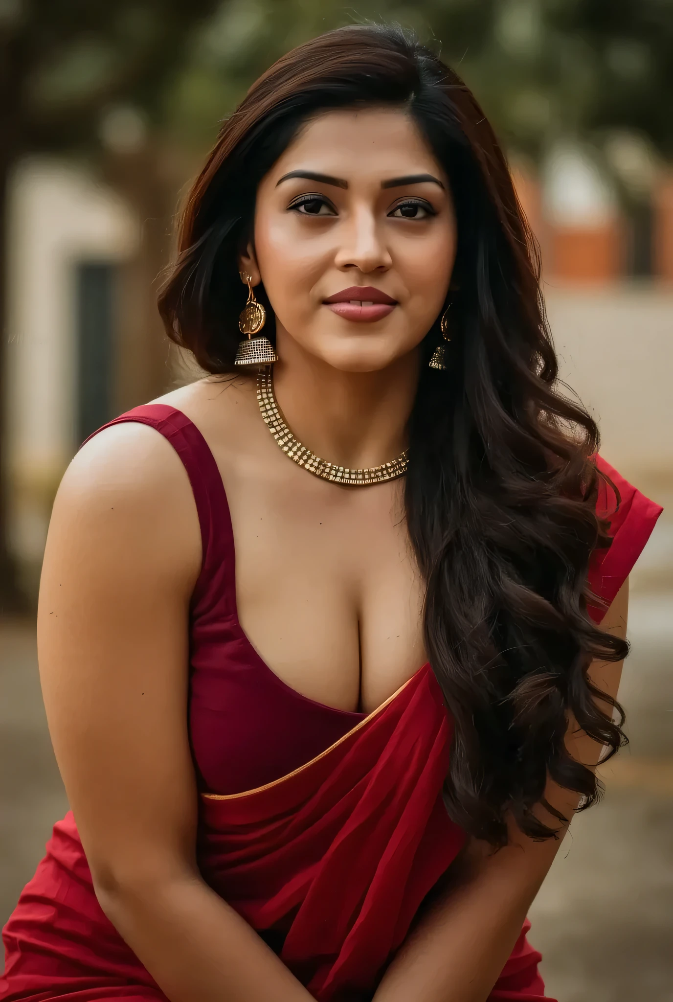 a busty Indian woman with long flowing hair leaning forward and looking up, downblouse ,, open mouth as erotic climax expression,deep cleavage, thick thighs, dark fantasy, hyper detailed, cinematic lighting, dramatic shadows, rich colors, moody atmosphere, award winning digital art, masterpiece, 8k, high resolution,