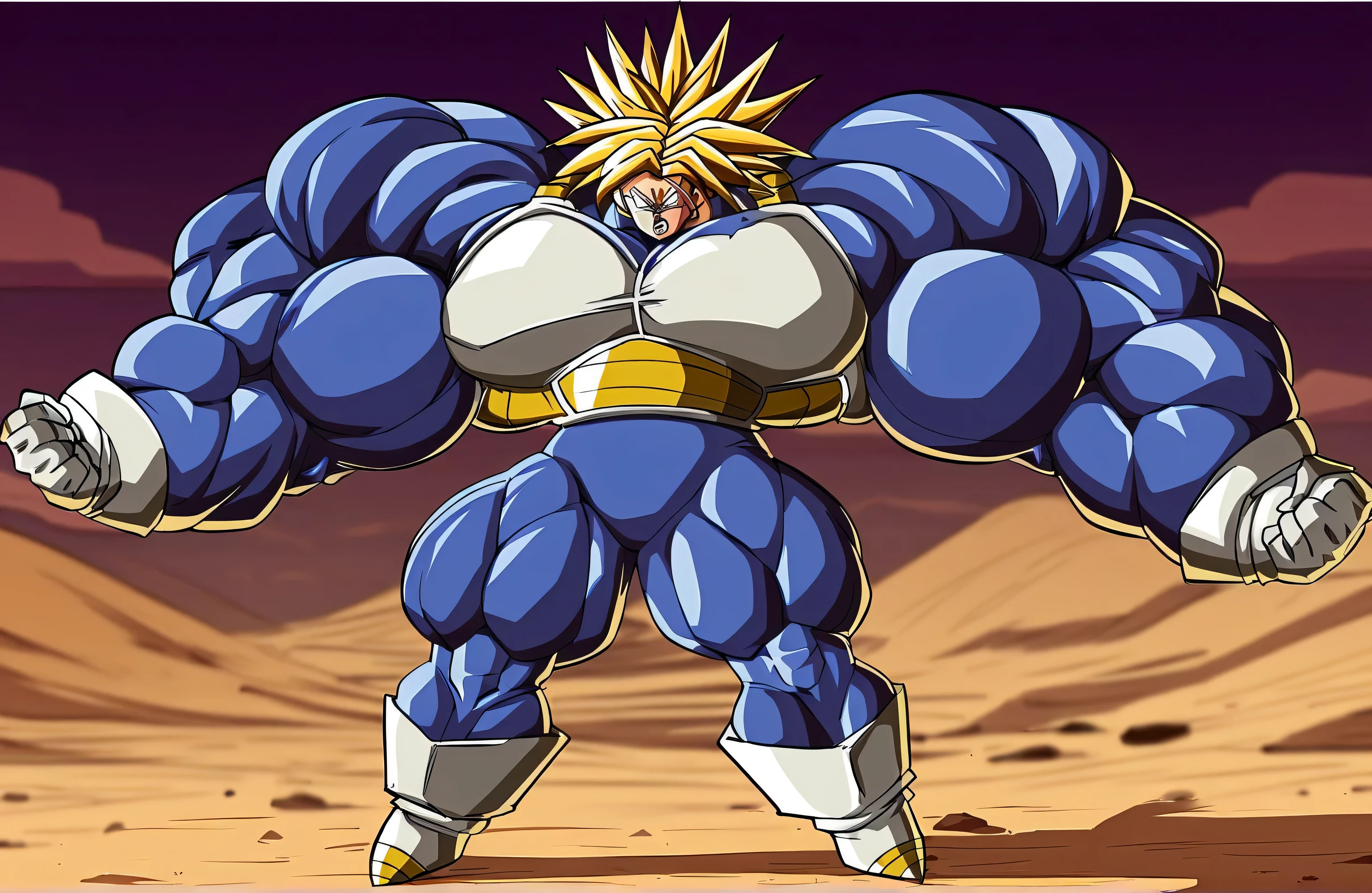 1boy, Vegeta, from Dragon Ball Z, masterpiece, best quality, very aesthetic, absurdres, saiyan, blue eyes, spiked hair, (yellow hair:1.5), standing up, good posture, shirtless, blue skintight pants, white boots with brown tips, white gloves, (huge muscles:2.5), Dragon Ball Z artstyle, in the style of Akira Toriyama, white tiled floor, outdoor, flat-top mountains, full pose, full body shot, (full body in frame:1), Extreme Wide Shot, Low Angle Shot