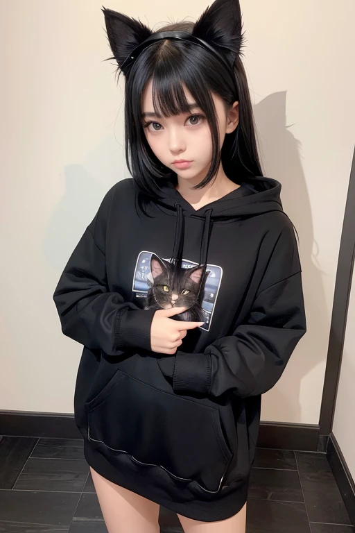 (masterpiece,Super detailed,8K,highest quality:1.5),((very cute)),best image quality, two dimensional beauty,sensual figure,intricate details,charm, realistic texture, charmな,black hoodie、wearing a hood、cat ear hood、white skirt、sitting with both knees up、Hold your knees with your hands