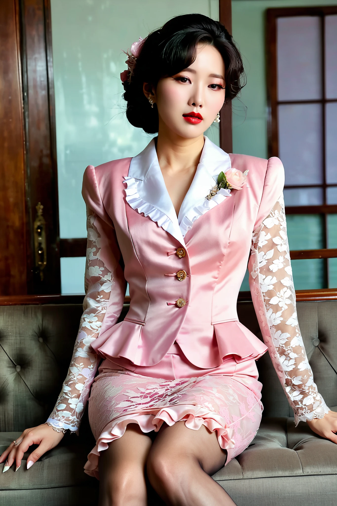 A Korean man in ladies vintage suit dress, he is crossdresser, big breasts like a woman, slender female body, His hairstyle is short and manly, white and pink, long sleeves, Rich lace and frills, cropped jacket, mermaid skirt, tweed, sit quietly