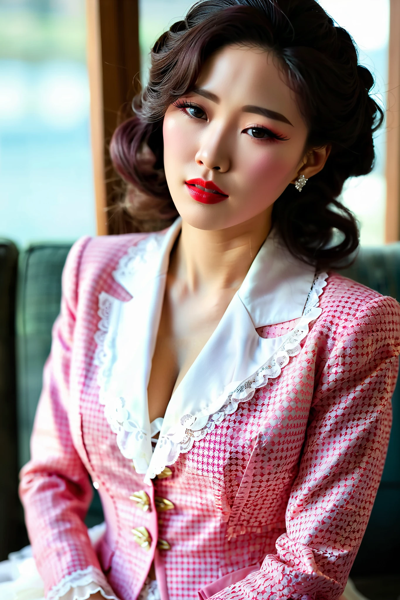 A Korean man in ladies vintage suit dress, he is crossdresser, big breasts like a woman, slender female body, His hairstyle is short and manly, white and pink, long sleeves, Rich lace and frills, cropped jacket, mermaid skirt, tweed, sit quietly