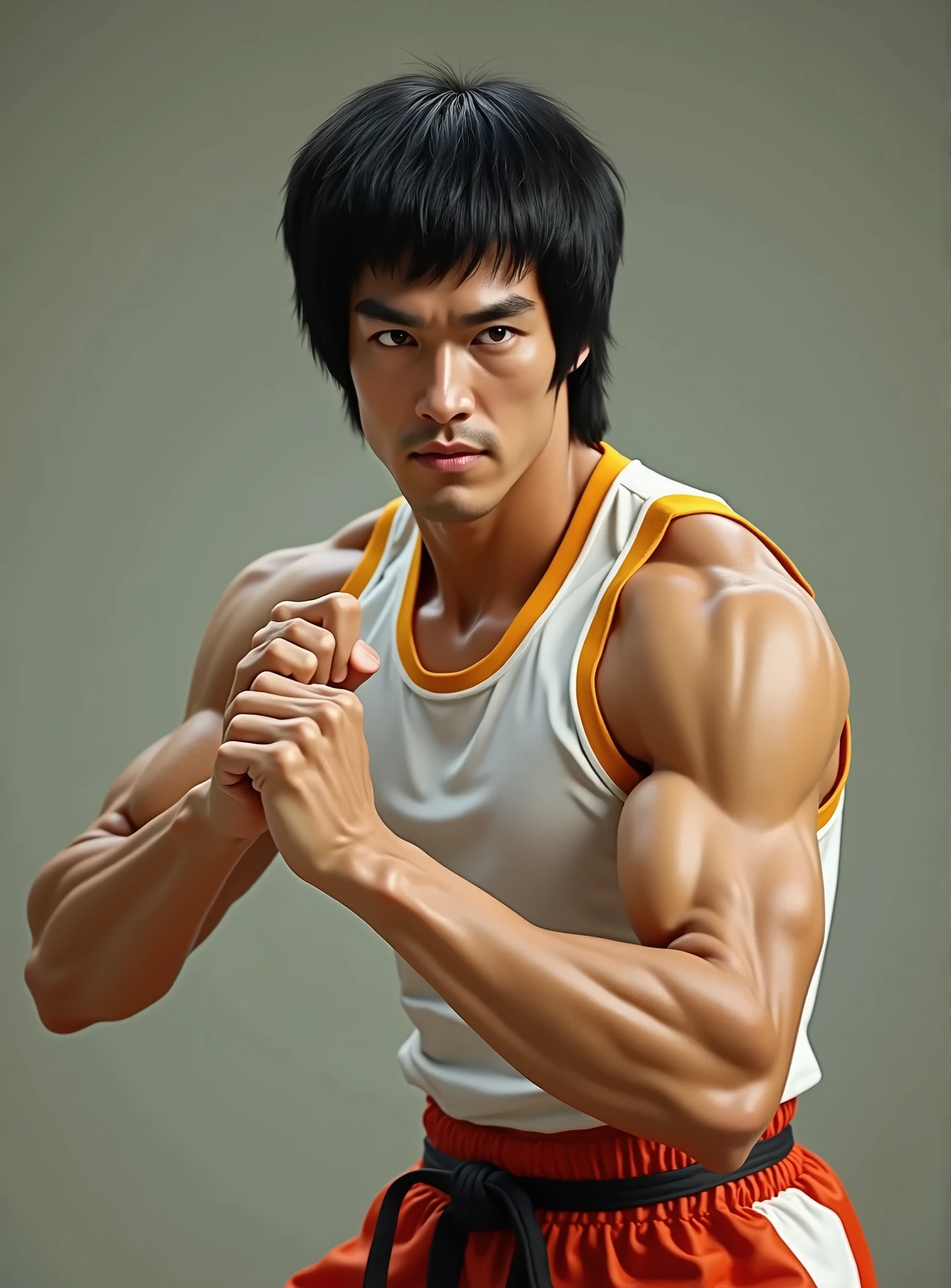 A detailed digital illustration of Bruce Lee sitting in a simple wooden chair, facing the camera. He is dressed in his iconic black Kung Fu outfit, with a calm and intense expression on his face. The background is minimalistic, possibly a plain wall or subtle studio setting, to keep the focus on Bruce Lee. The lighting is soft, highlighting his facial features and muscular build, with shadows adding depth. The image captures the essence of his discipline and inner strength.