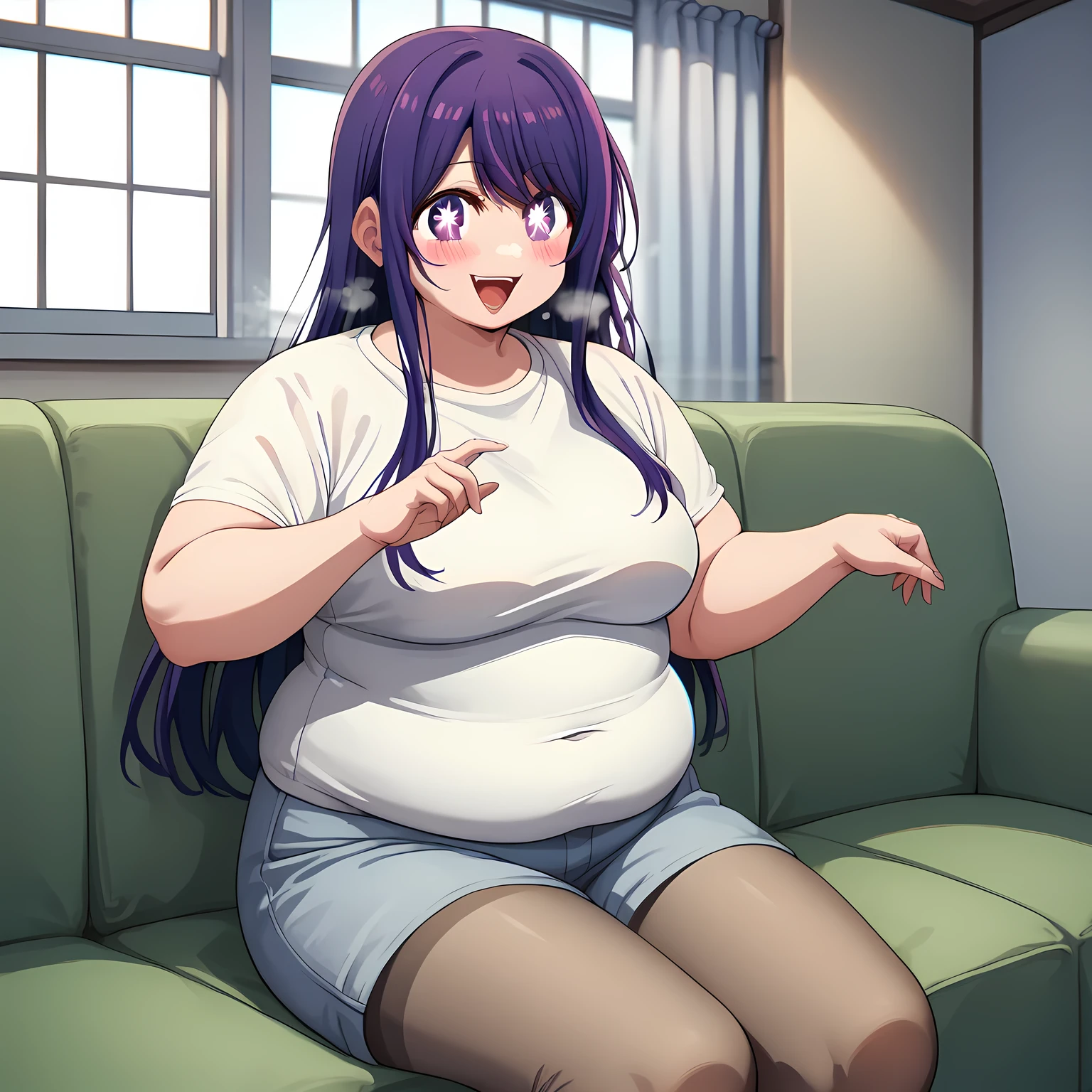 hoshino ai, purple eyes, purple hair, star-shaped pupils, symbol-shaped pupils, long hair, medium breasts, t-shirt, white t-shirt, short pants, pantyhose,  blush, charming smile, open mouth, steam, indoor, livingroom, sofa, window, from front, looking viewer, masterpiece, best quality, high resolution, ultra-detailed, detailed background, anime, fat, chubby, obese, gigantic arms and legs, large breasts open mouth, out of breath