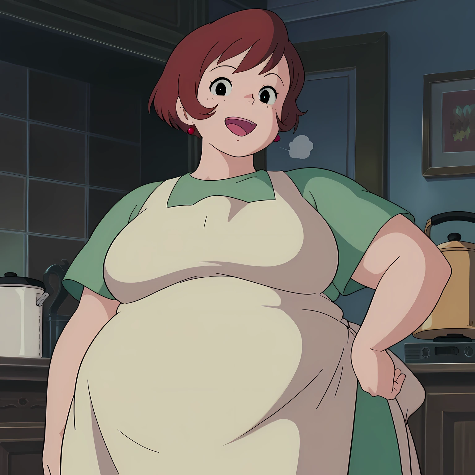 1girl,solo,mm,mature female,short hair,brown hair,black eyes,earrings,anime coloring,
dress,apron,cowboy shot, hand on own hip, looking at viewer, smile,indoors
,masterpiece,best quality,amazing quality, fat, chubby, obese, gigantic arms and legs, large breasts open mouth, out of breath