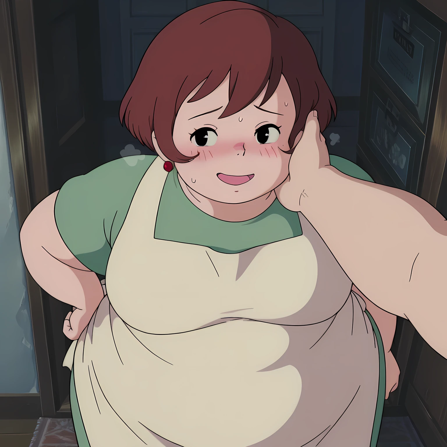 1girl,solo,mm,mature female,short hair,brown hair,black eyes,earrings,anime coloring,
dress,apron,cowboy shot, hand on own hip, looking at viewer, smile,indoors
,masterpiece,best quality,amazing quality,swollen face, fat, chubby, obese, open mouth, out of breath, absurdres, highres icon, rating:General, confused, blush, {flustered}, nervous sweating, portrait, pov hands, hand on another's cheek, averting eyes, [looking away], straight-on, from above,  upper body, masterpiece, best quality, ultra-detailed, high resolution, 8K, 