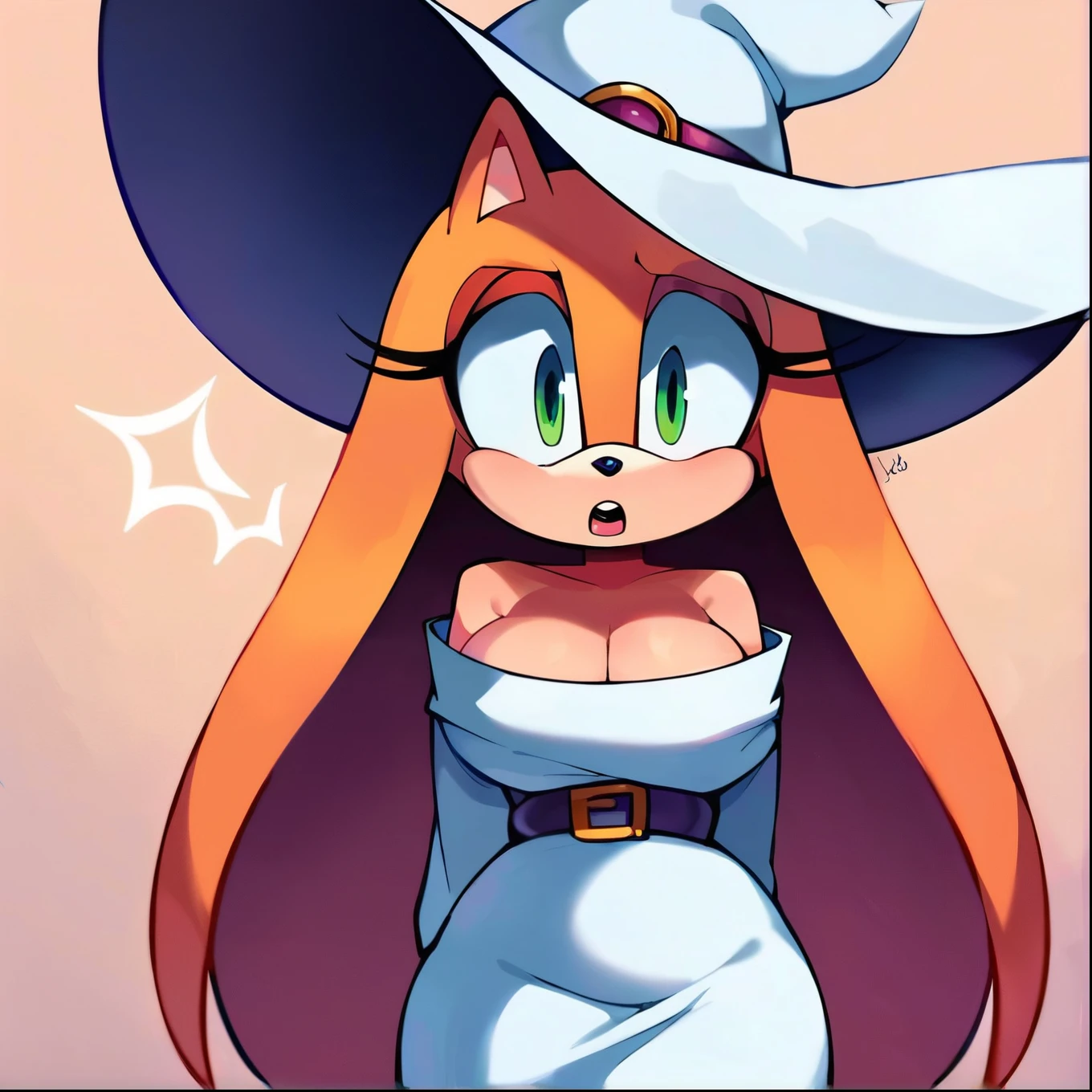 score_9, score_8_up, 2D, flat color, forest background, looking at viewer, 1girl, very detailed, extremely detailed, from the sonic the hedgehog series, portrait, curious expression, small open mouth, mix of confusion and shock, sound lines, makeup, (white witch attire), off shoulder, long sleeves, white large witch hat, white long pencil skirt, large bust, milf, Sonic’s Mother queenaleena, long hair/quills, (green eyes:1.5), long hair, female, Female hedgehog, mobian, solo, mother-like figure
