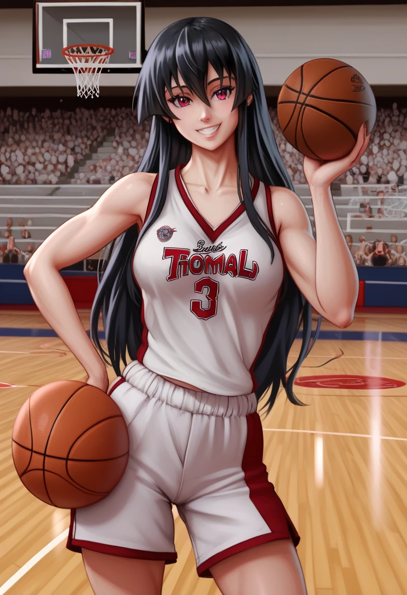 1girl,solo,akame,long detailed hair,black hair,red detailed eyes,hair between eyes,beautiful detailed smile,basketball uniform,shirt,shorts,holding basketball,standing,basketball court,best quality,4k,8k,highres,masterpiece:1.2,ultra-detailed,realistic,photorealistic,photo-realistic:1.37,vivid colors,HDR,sharp focus