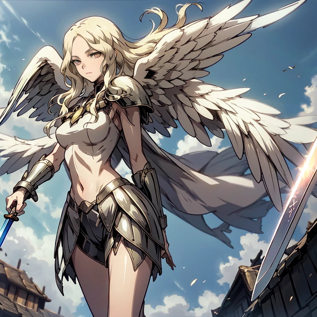    top quality,  golden eyes , Front View , Big white wings，He has a large sword in his right hand ,    He has a large sword in his right hand,Spread your wings and float in the air,barefoot   ,       cold eyes,Dust dances     ,Solemn,   high definition eyes 