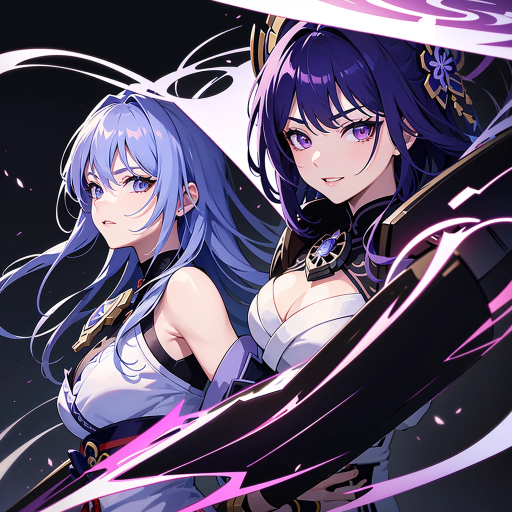 In the style of Genshin Impact A she has big purple hair and has eyes of different colors, one red and the other blue.