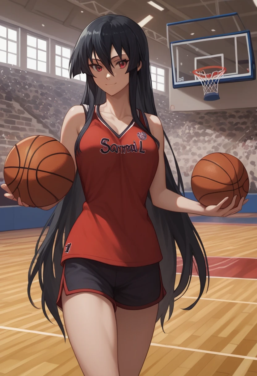 1girl,solo,akame, long hair, black hair, red eyes, hair between eyes, smiling , basketball uniform, shirt,shorts,holding basketball,standing,background basketball court