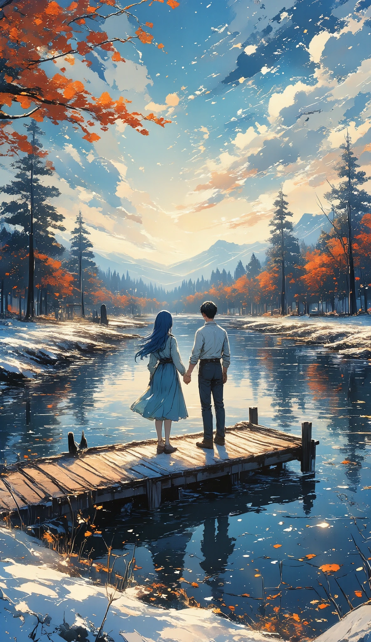 a couple holding hands, a girl with a blue dress and long blue hair, a guy, standing in on pier above lake, wooden rustic pier, lake, clear, reflection, trees reflecting, couple holding hands standing in lake, autumn colors, facing away from camera, autumn trees, trees flying in wind, birds, detailed environment, realistic, photorealistic, photorealistic: 1.37, best quality, 4k, 8k, high resolution, masterpiece: 1.2 , ultra-detailed realistic snow texture, detailed snowscape, dramatic lighting, cinematic compositing, (best quality,4k,8K,high resolution,masterpiece:1.2), ultra detailed, sharp focus, (realistic,photorealistic,photo-realistic:1.37), dramatic lighting, moody lighting, cinematic lighting, chiaroscuro lighting, dramatic shadows, dramatic moments , vivid colors, intense colors, deep contrast, cinematic depth of field, cinematic composition, cinematic camera angle