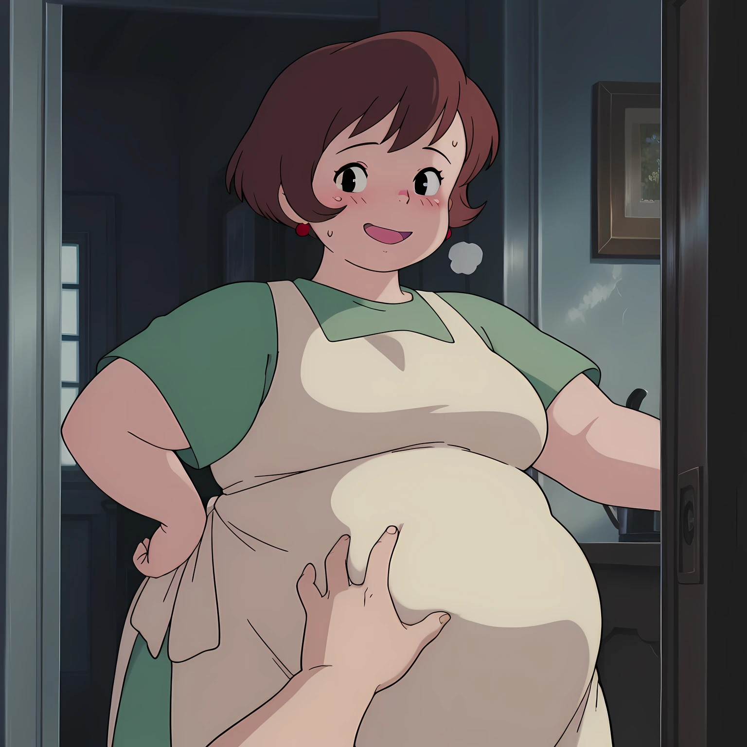 1girl,solo,mm,mature female,short hair,brown hair,black eyes,earrings,anime coloring,
dress,apron,cowboy shot, hand on own hip, looking at viewer, smile,indoors
,masterpiece,best quality,amazing quality,bulging belly, fat, chubby, obese, open mouth, out of breath, absurdres, highres icon, rating:General, confused, blush, {flustered}, nervous sweating, portrait, pov hands, hand on another's belly, averting eyes, [looking away], straight-on, from side, swollen face, masterpiece, best quality, ultra-detailed, high resolution, 8K, 