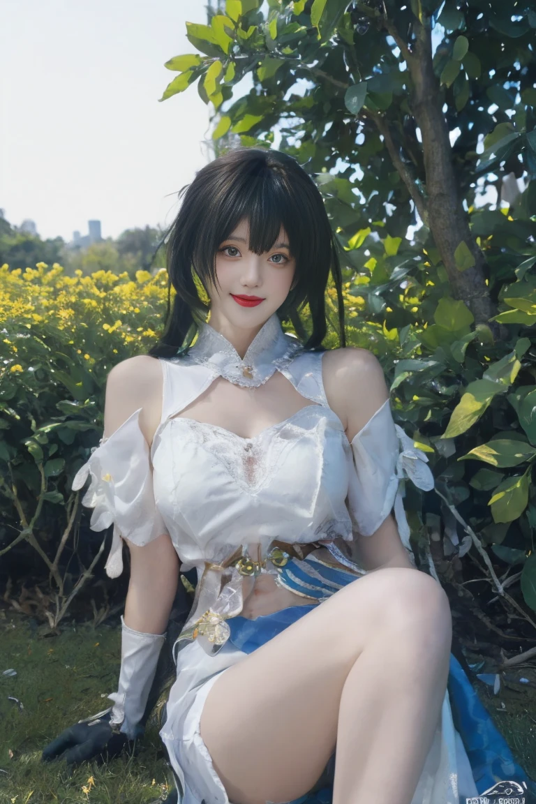 {Anime girl with sleek, black and blue ombré short hair cut just above the shoulders, featuring subtle highlights that catch the light, her piercing gaze exudes confidence and mystery:0.9},
{She is adorned in an intricately designed, form-fitting warrior's outfit that combines deep blues and gold accents. The outfit boasts a structured bodice, elegantly edged with golden trim and a delicate aquamarine gem at the collar. Her flowing white cape, edged with gold, billows majestically against the sky, adding a regal air:0.8},
[Standing against a backdrop of a vibrant blue sky scattered with fluffy, luminescent clouds, the scene enhances her almost celestial presence:0.7],
{Rendered in a smooth anime CG art style, reminiscent of top trending artworks on ArtStation and Pixiv. This digital creation is marked by its high-definition detail, vivid color saturation, and a glossy, polished finish that brings the character to life:0.9},
{The composition is bathed in bright, natural light that highlights her refined features and the textures of her attire, creating a striking contrast with the serene sky behind her, emphasizing her allure and the fantasy element of the scene:0.8}