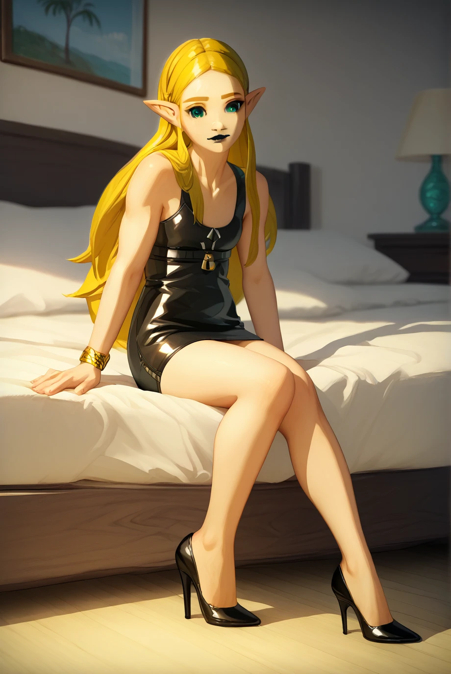 Score_9, Score_8_up, Score_7_up, Score_6_up, Score_5_up, Score_4_up, BREAK источник_anime,  1girl, one,  ChopioZelda,  blonde hair ,  aquamarine eyes ,  pointy ears ,  medium chest ,  long hair,  latex black very short sexy dress, bare legs , gold bracelet,  black high-heeled shoes , whole body, lock,  bedroom,  sexy facial expression ,  closed mouth , happy, red, black lipstick,  raised her leg ,  the second girl is sitting on her knees,  in front of the first girl  ,fedom feet, licks shoes ,