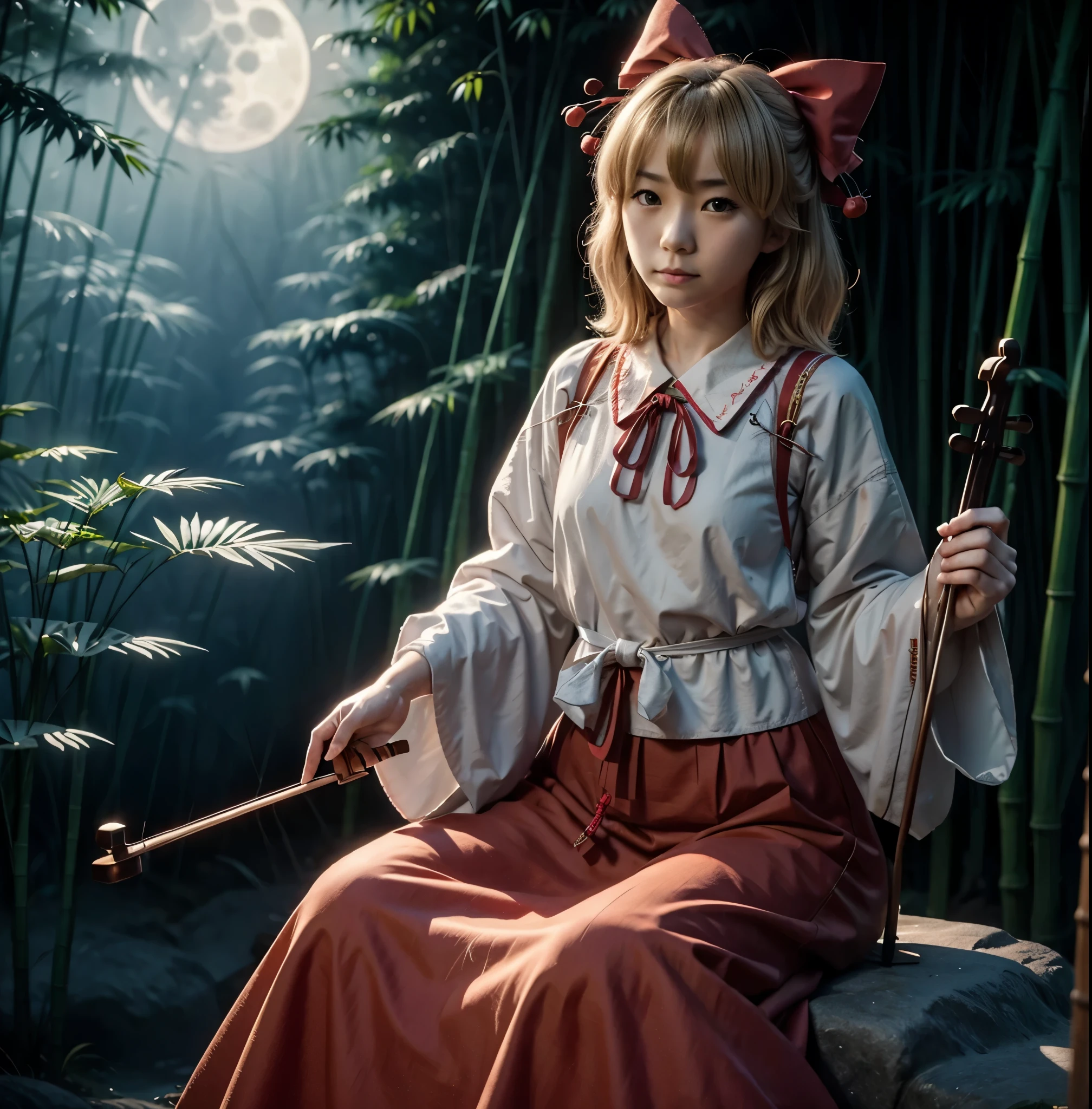 japanese girl, blonde, serious expression, shrine maiden, 