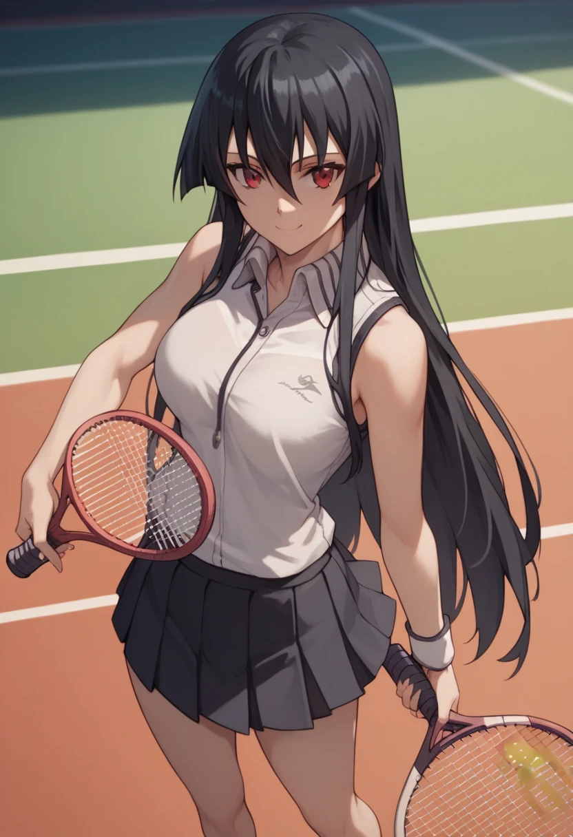 1girl,solo,akame, long hair, black hair, red eyes, hair between eyes, smiling , tennis uniform, white shirt, pleated skirt,holding a tennis racket, playing tennis,standing,background Tennis court