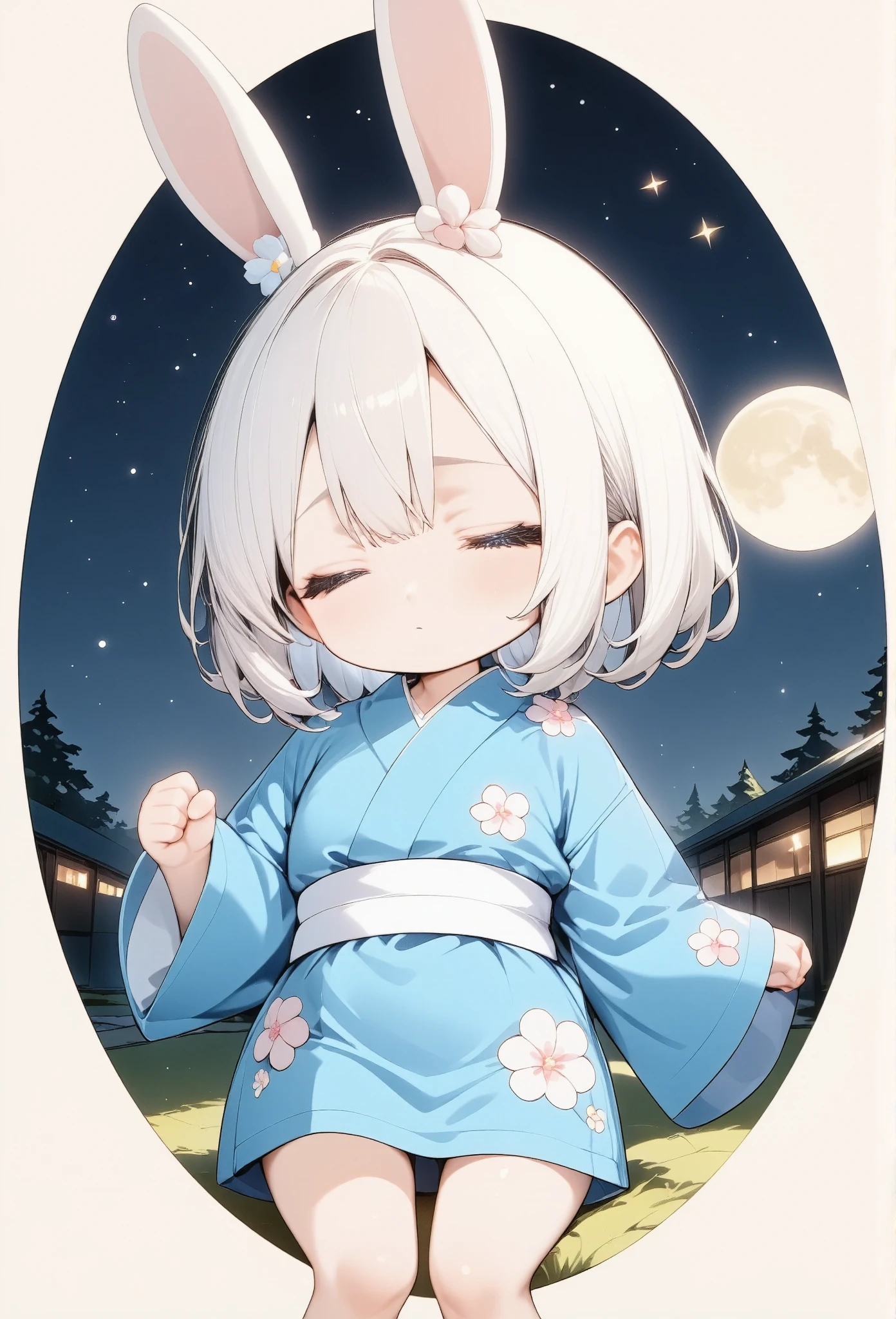 Surrealism,Charcoal Drawing,best quality,highly detailed,1girl,chibi,trk,rabbit ear,wearing blue kimono,sakura flower patterns,flower hair ornament,calm expression,night sky background,full moon,round frame,cherry blossoms,soft lighting,romantic atmosphere,intricate design