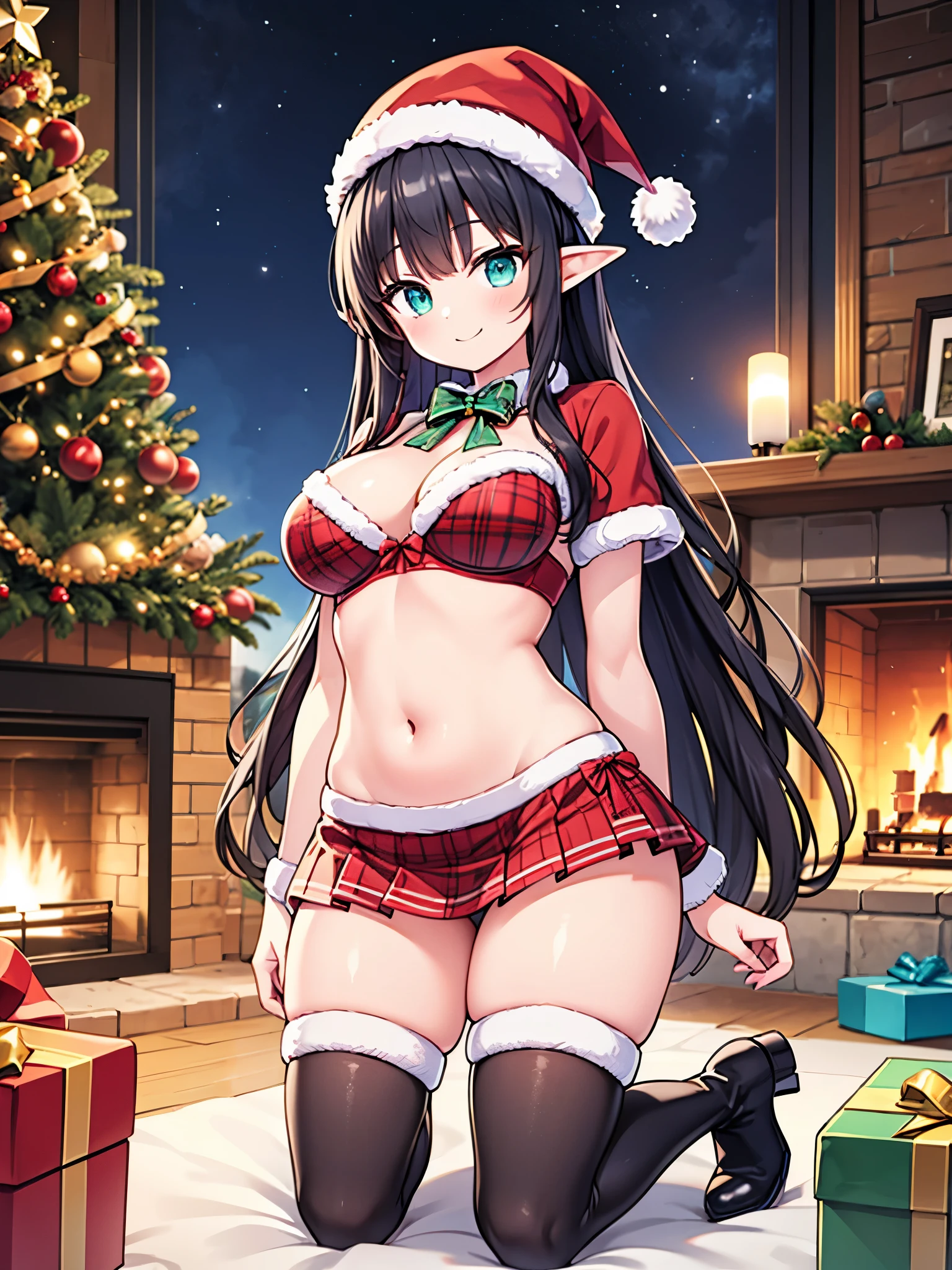 detailed image, realistic image, 1 elf, has very long black hair, wavy, turquoise eyes, smiling. She has a curvy body, medium breasts, slim waist, wide hips, thick thighs. She is dressed in a red Christmas bra, Christmas hat, pleated mini skirt with Christmas plaid, mid-thigh boots. She is kneeling as seen from below, room with fireplace, Christmas tree, full body view, starry night, north pole, surrounded by presents, ambient light, volumetric light, warm atmosphere.