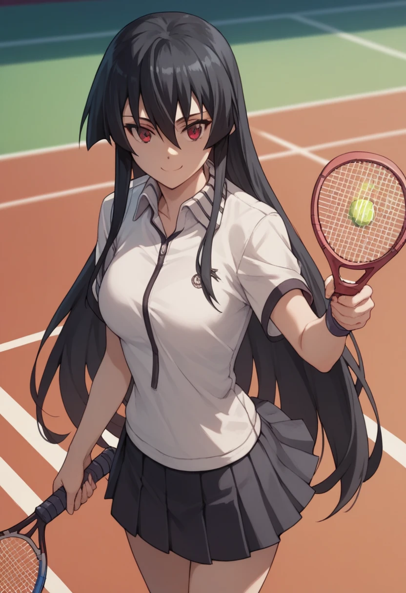 1girl,solo,akame, long hair, black hair, red eyes, hair between eyes, smiling , tennis uniform, white shirt, pleated skirt,holding a tennis racket, playing tennis,standing,background Tennis court