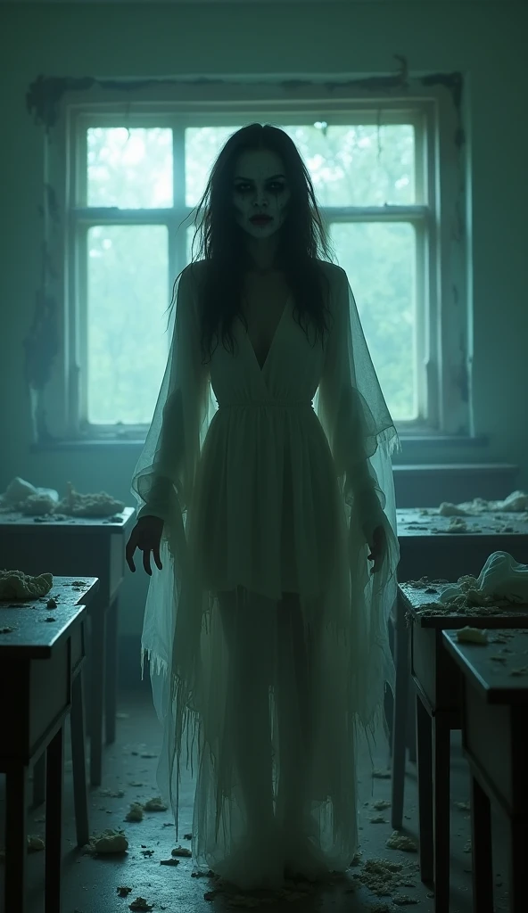 show a woman slowly getting up, with bones cracking, revealing her face came with her mouth sewn shut and deep-set eyes in an abandoned and old house