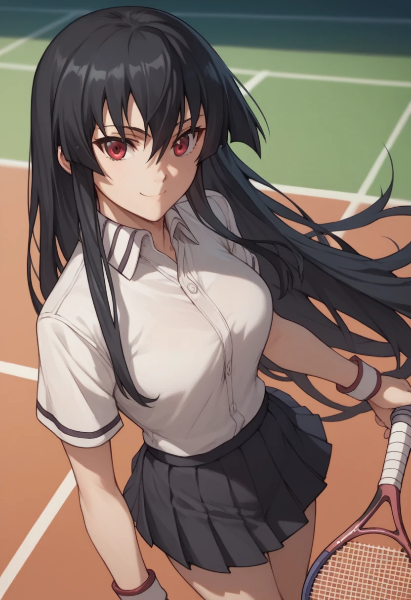 1girl,solo,akame, long hair, black hair, red eyes, hair between eyes, smiling , tennis uniform, white shirt, pleated skirt,holding a tennis racket, playing tennis,background Tennis court