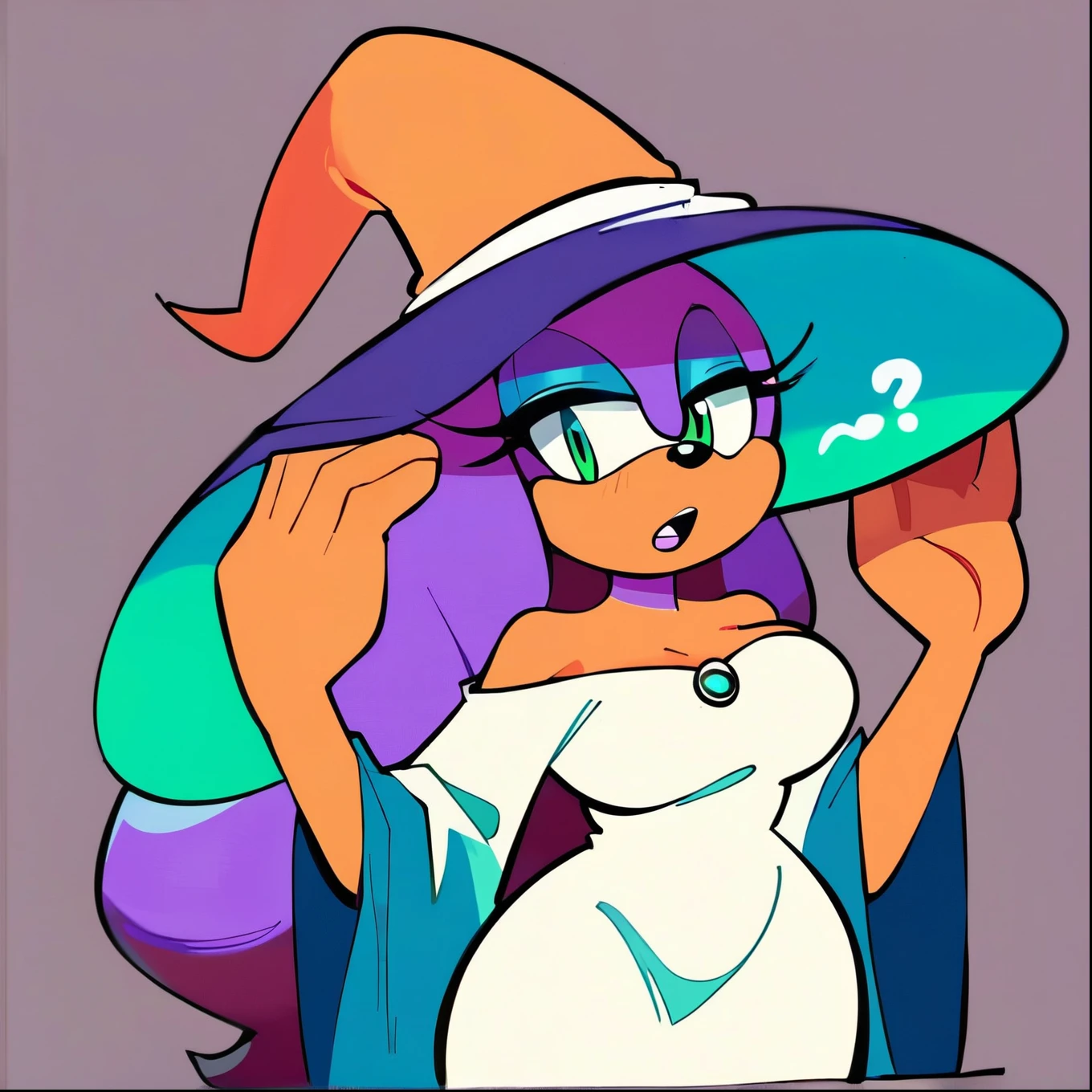 score_9, score_8_up, 2D, flat color, forest background, looking at viewer, 1girl, very detailed, extremely detailed, from the sonic the hedgehog series, portrait, curious expression, small open mouth, mix of confusion and shock, sound lines, makeup, (white witch attire), off shoulder, long sleeves, white large witch hat, white long pencil skirt, ((pantyhose)), large bust, milf, long hair/quills, (green eyes:1.5), (purplish blue fur), long hair, female, Female hedgehog, mobian, solo, purplish blue hair, mother-like figure, QueenAleena, sonic \(series\), 1girl, long hair, furry, purple hair, furry female, animal ears, purple fur, purple skin, BREAK, witch dress, white dress, half body 
