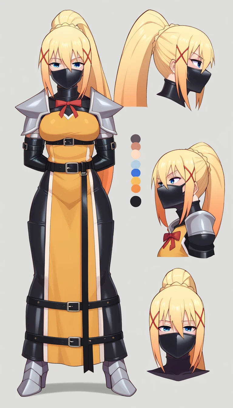 score_9, score_8_up, score_7_up, 1 girl,  darkness from konosuba lore,(darkness from konosuba outfit),((AEDarknessDef, blonde hair, blue eyes, braid, hair between eyes, high ponytail, long hair, sidelocks, x hair ornamet, black bodysuit, armored dress, yellow dress, red ribbon, boobplate, shoulder armor, faulds, black gloves, belt, long skirt, armored boots)), flirt, gaze, sexy look, half-closed eyes, (full bodies in view), perfect proportions, simple background. standing,  belt bondage, bound arms, arms behind back, tight mask, black mask, (armbinder: 1.4), ((charactersheet, reference sheet, multiple views)), ((character design sheet, same character, front, side, back)), (leather mask), complete body .