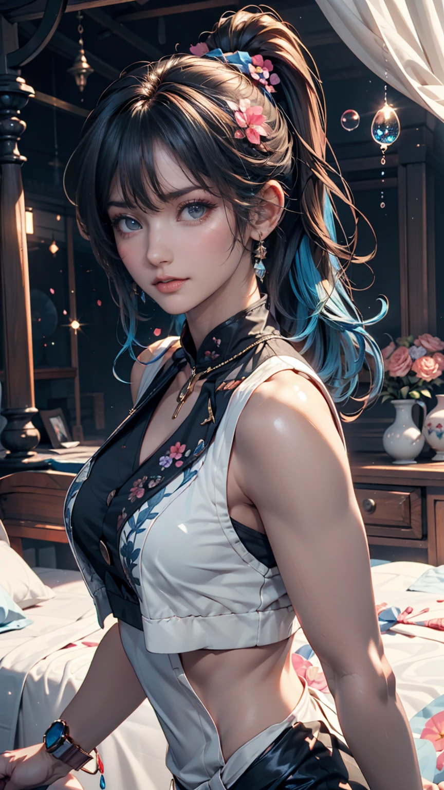1girl, robot joints, metallic body, blue pigtails, happy expression, beautiful detailed eyes, beautiful detailed lips, extremely detailed eyes and face, longeyelashes, blue eyes, blue tank top, belly button, blue skirt, white skin, looking at viewer, smirk, sitting in classroom, (best quality,4k,8k,highres,masterpiece:1.2),ultra-detailed,(realistic,photorealistic,photo-realistic:1.37),HDR,UHD,studio lighting,ultra-fine painting,sharp focus,physically-based rendering,extreme detail description,professional,vivid colors,bokeh,portraits
