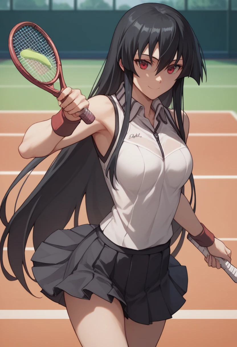 1girl,solo,akame, long hair, black hair, red eyes, hair between eyes, smiling , tennis uniform, white shirt, pleated skirt,holding a tennis racket, playing tennis,background Tennis court