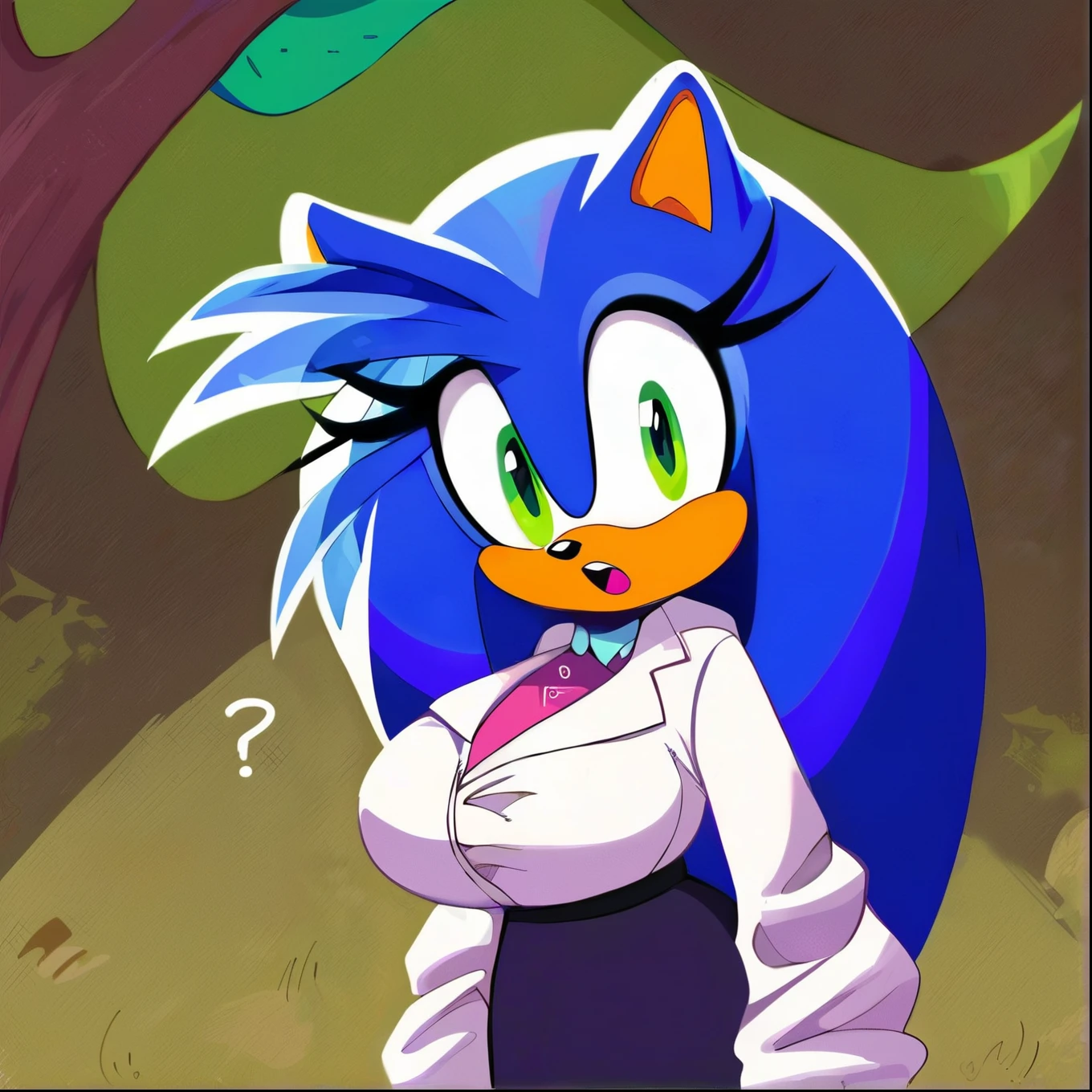 score_9, score_8_up, 2D, flat color, forest background, looking at viewer, 1girl, very detailed, extremely detailed, from the sonic the hedgehog series, portrait, curious expression, small open mouth, mix of confusion and shock, sound lines, makeup, pantyhose, large bust, milf, long hair/quills, (green eyes:1.5), (purplish blue fur), long hair/quills, female, Female hedgehog, mobian, solo, mother-like figure, QueenAleena, sonic \(series\), 1girl, long hair, furry, purple hair, furry female, animal ears, purple fur, BREAK, Eggman cosplay, Eggma'am cosplay, (Eggma'am outfit), (((white jacket))), black or grey skirt,
